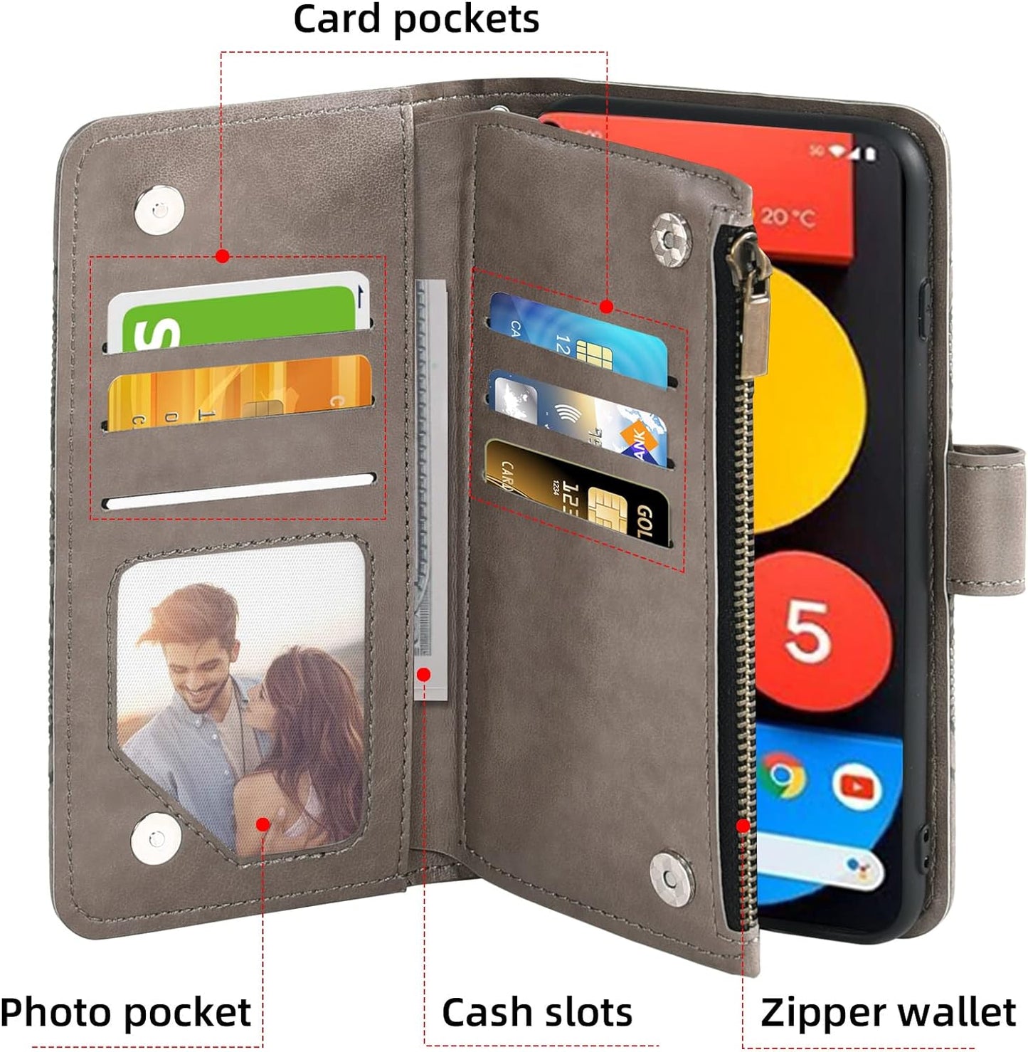 Asuwish Phone Case for Google Pixel 4A 5G 6.2 Wallet Cover with Tempered Glass Screen Protector and Flower Flip Credit Card Holder Stand Cell Pixel4A5G UW Pixel4A 5G Pixle A4 G5 4A5G Women Men Grey  Asuwish   