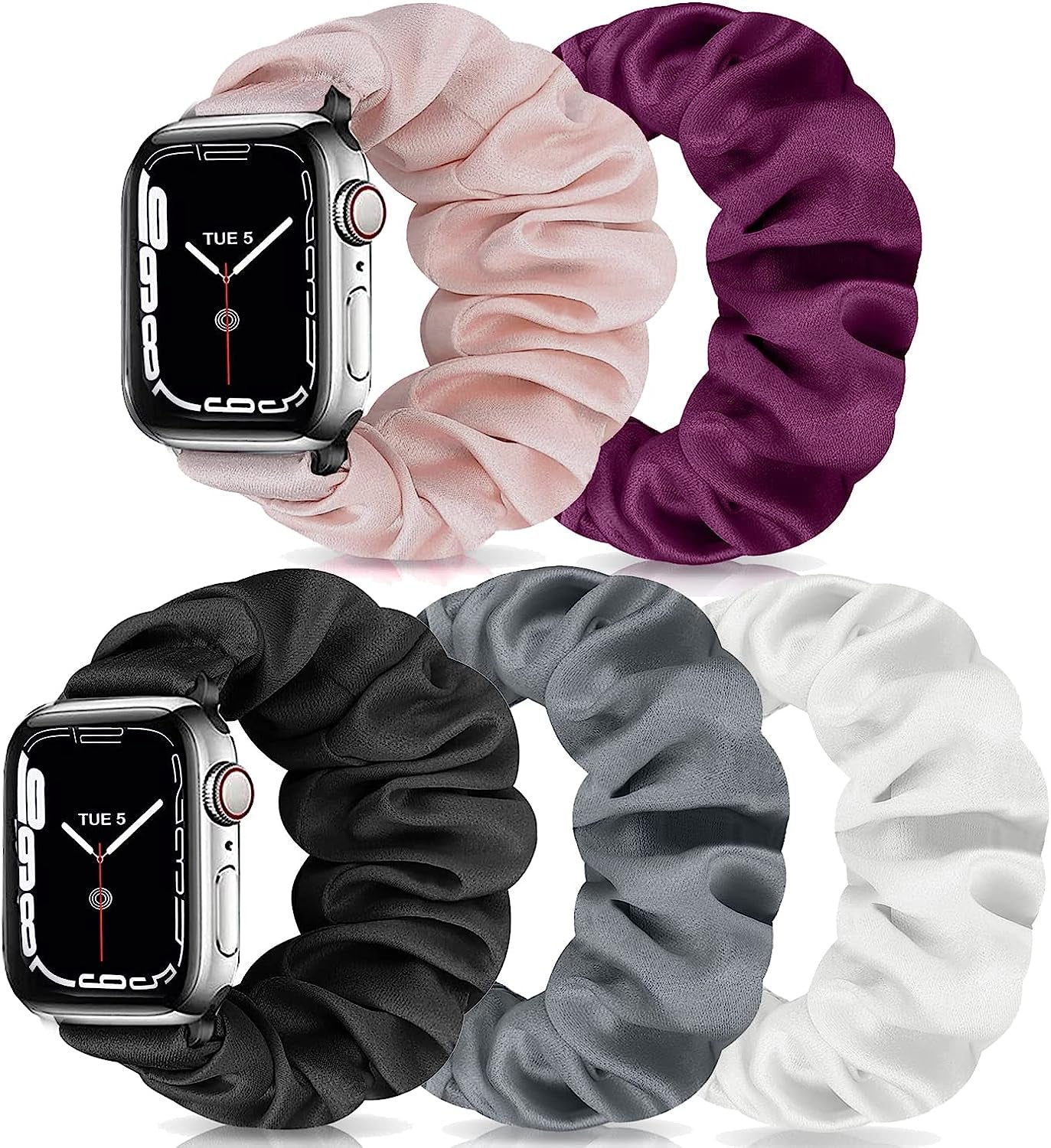 Scrunchie Watch Bands for Women Compatible with Apple Watch 38Mm 40Mm 41Mm 42Mm 44Mm 45Mm, Elastic Scrunchy Replacement Band Soft Stretchy Band for Iwatch Series 7/6/5/4/3/2/1/SE  DKGKOO A(Gray/Black/Pink/Purple/White) 42mm/44mm/45mm Large-Size 