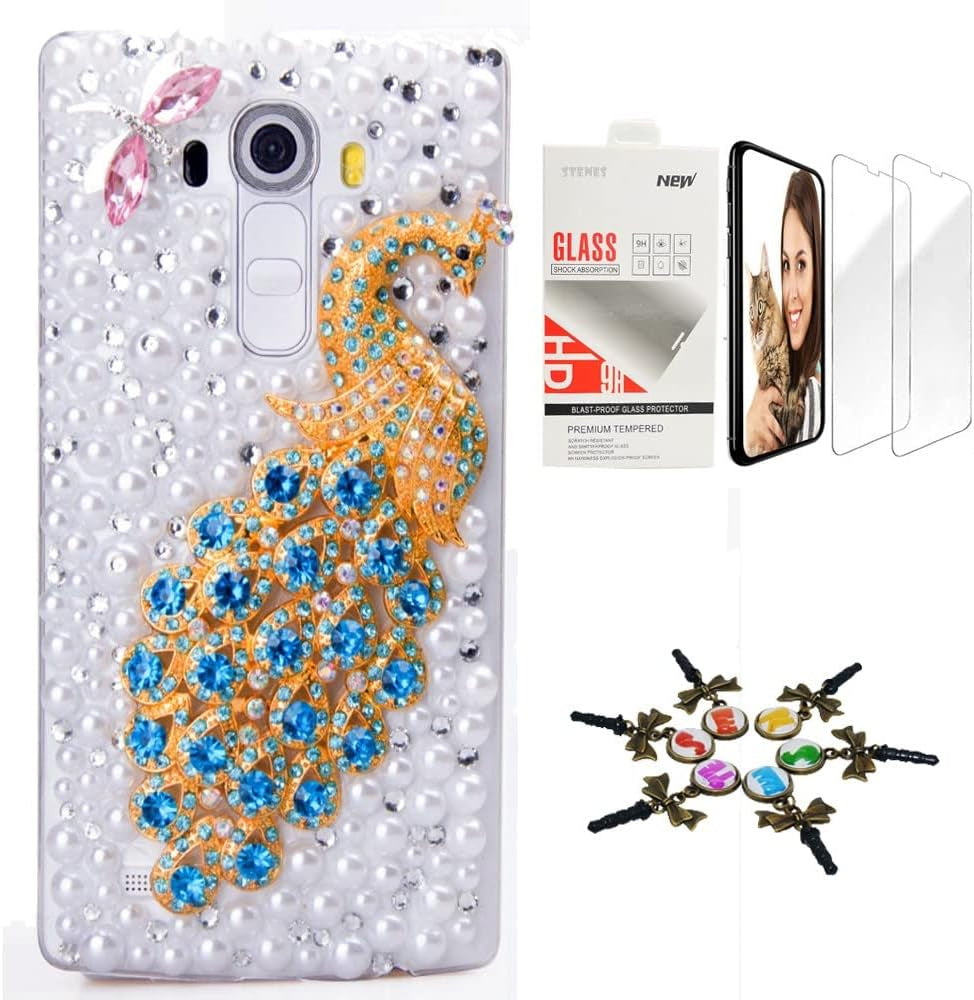 STENES Bling Case Compatible with LG G7 Thinq - Stylish - 3D Handmade [Sparkle Series] Dragonfly Peacock Pearl Design Cover with Screen Protector [2 Pack] - White  STENES   