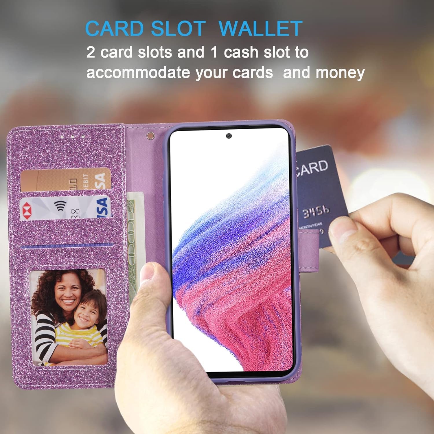 UEEBAI Wallet Case for Samsung Galaxy A53 5G, Premium Glitter PU Leather Phone Case Card Slots Kickstand Case Magnetic Closure Bling Handbag Case Shockproof Hand Strap Flip Cover - Glitter Purple  UEEBAI   