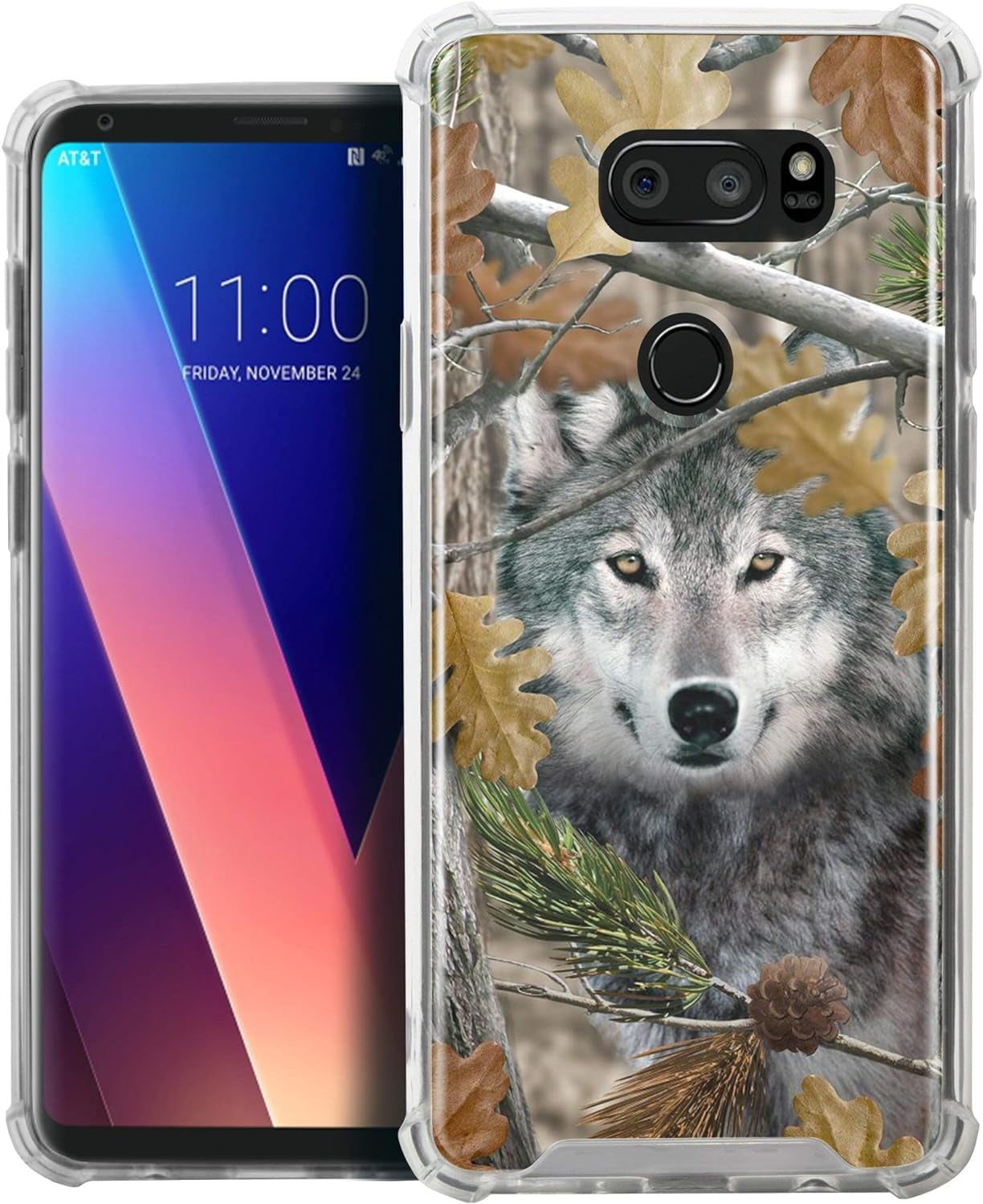Casesondeck Wolf Case Compatible with [LG V30 and LG V30S Thinq] Hunters Series Max Clarity Bumper, Hard Back Plate Soft TPU Edges for Max Protection (Wolf Tree Camo)  CasesonDeck   