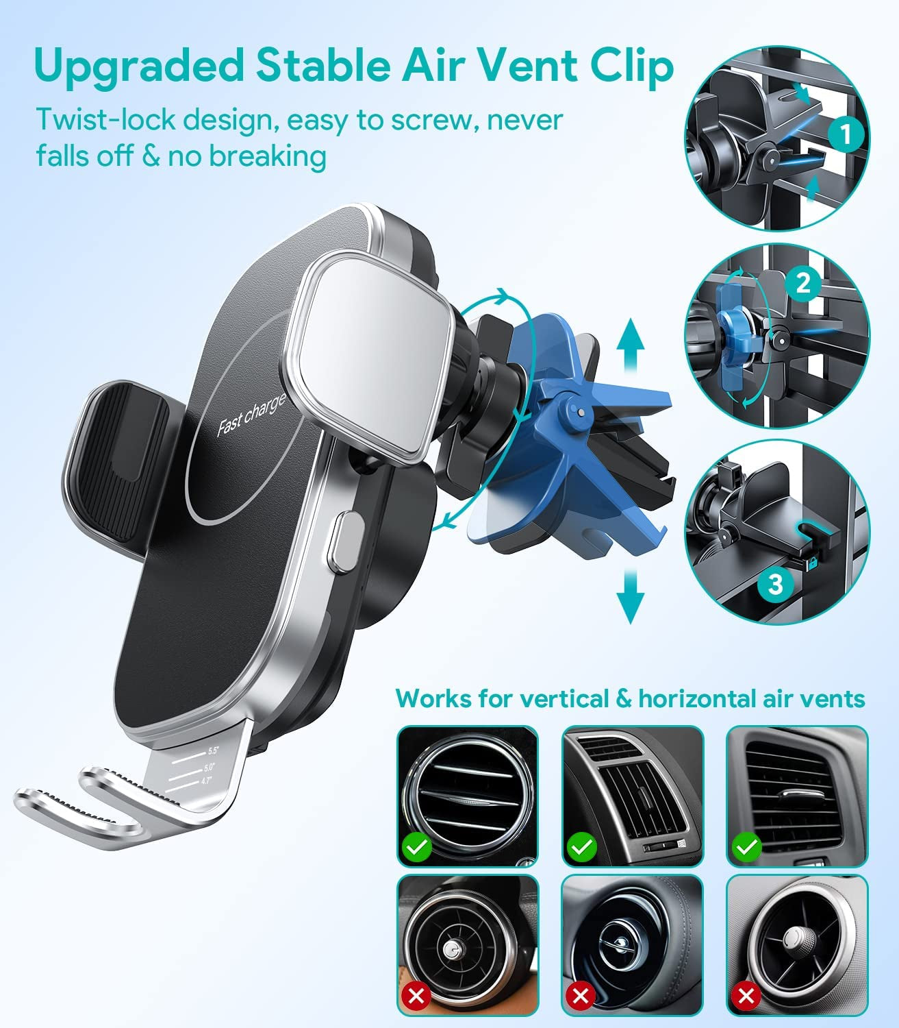 Wireless Car Charger, 15W Auto-Clamping Charger Mount, Air Vent Car Charging Holder for Iphone 14/14 Pro/13/13 Pro /12/12 Pro/ 11/11 Pro/Xr/Xs/X/8, Samsung S23/S22/S21(With QC 3.0 Charger)  Shenzhen Meskey Technology co.,ltd   