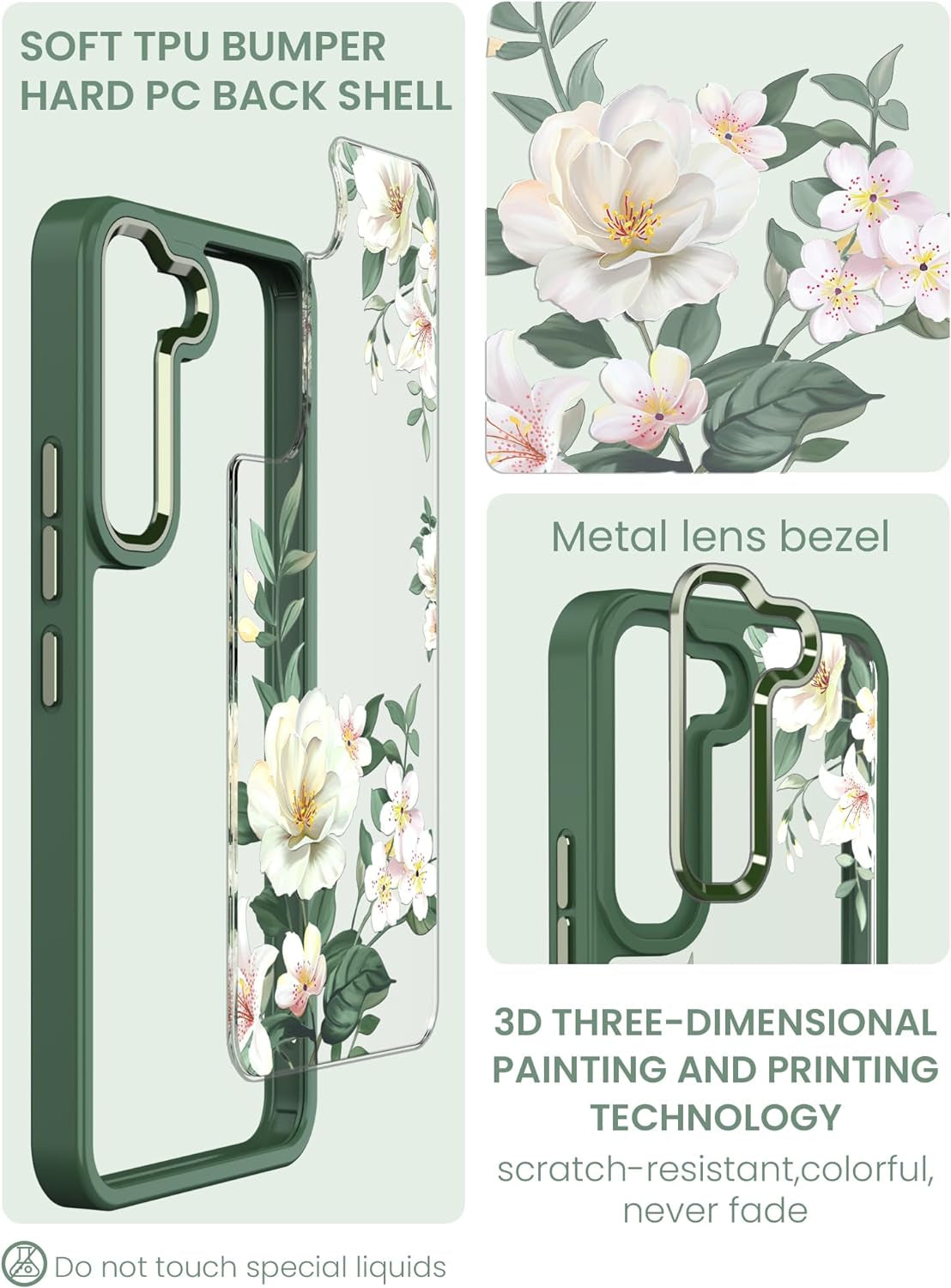 Dretal for Samsung Galaxy S22 5G Case Floral, Military Grade Drop Tested Hard Back & Soft Edge Slim Flower Women Girls Phone Protective Cover + Tempered Glass Screen Protector for Galaxy S22 (Green)  Dretal   