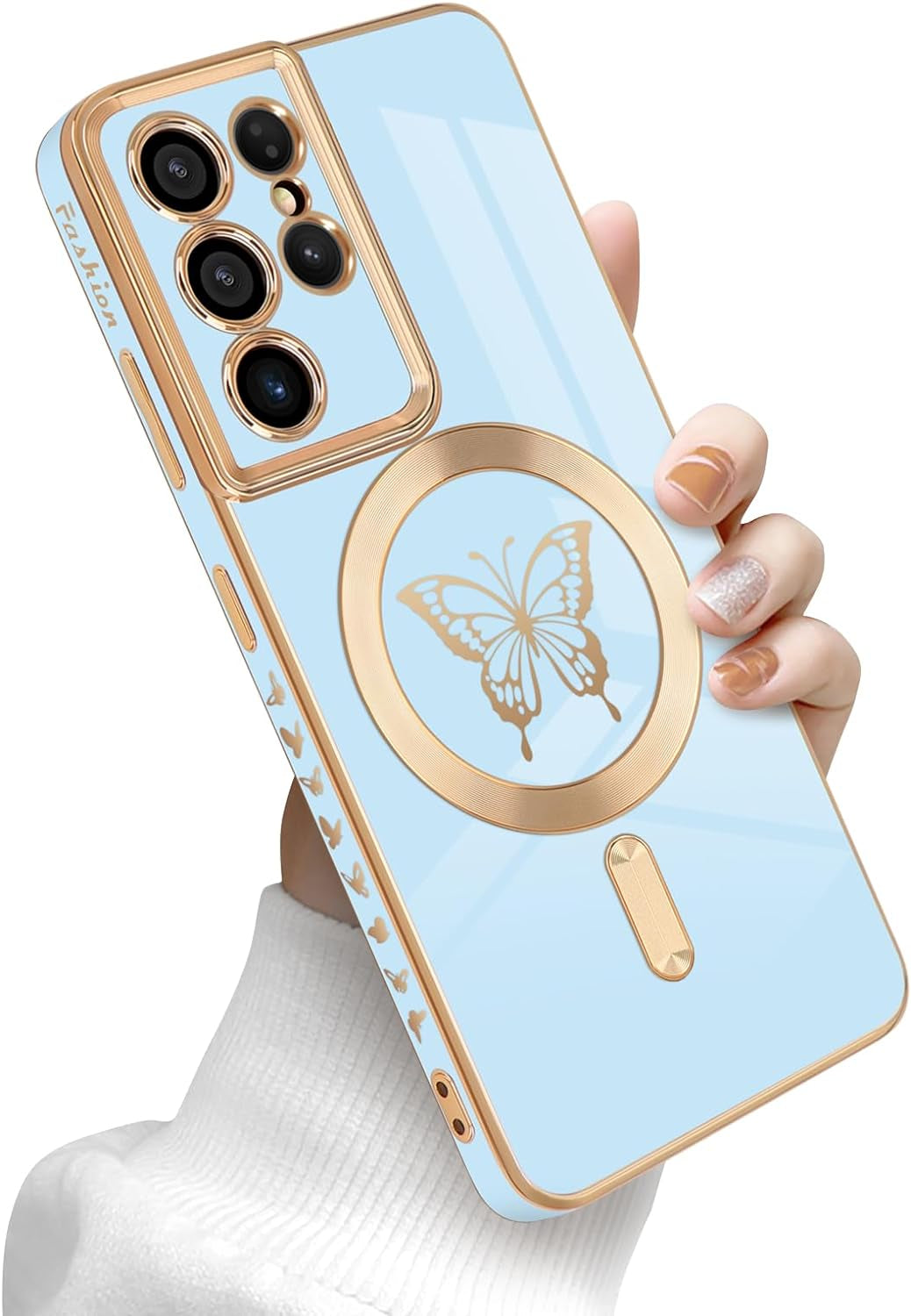 Newseego for Samsung Galaxy S21 Ultra 5G Magnetic Case, Cute Butterfly Plating Edge Case with Magsafe for Women Girls Men Soft TPU Bumper Shockproof Protective Cover for Samsung Galaxy S21 Ultra-Pink  Newseego Blue  