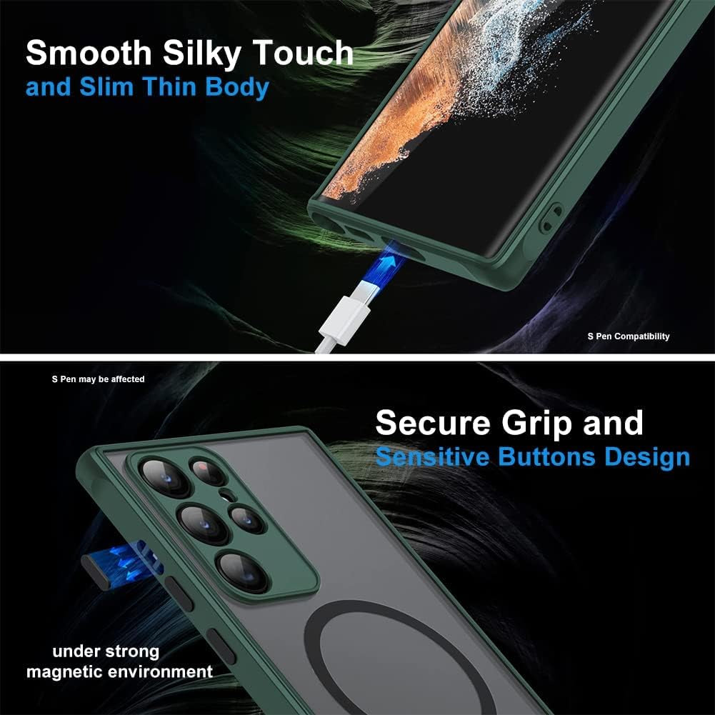 Hikerclub Galaxy S22 Ultra 5G Case, Compatible with Mag Safe Wireless Charger, Translucent Frosted Matte Back Soft Silicone Frame Military Grade Shockproof Case Cover for Galaxy S22Ultra Matte Green  HikerClub   