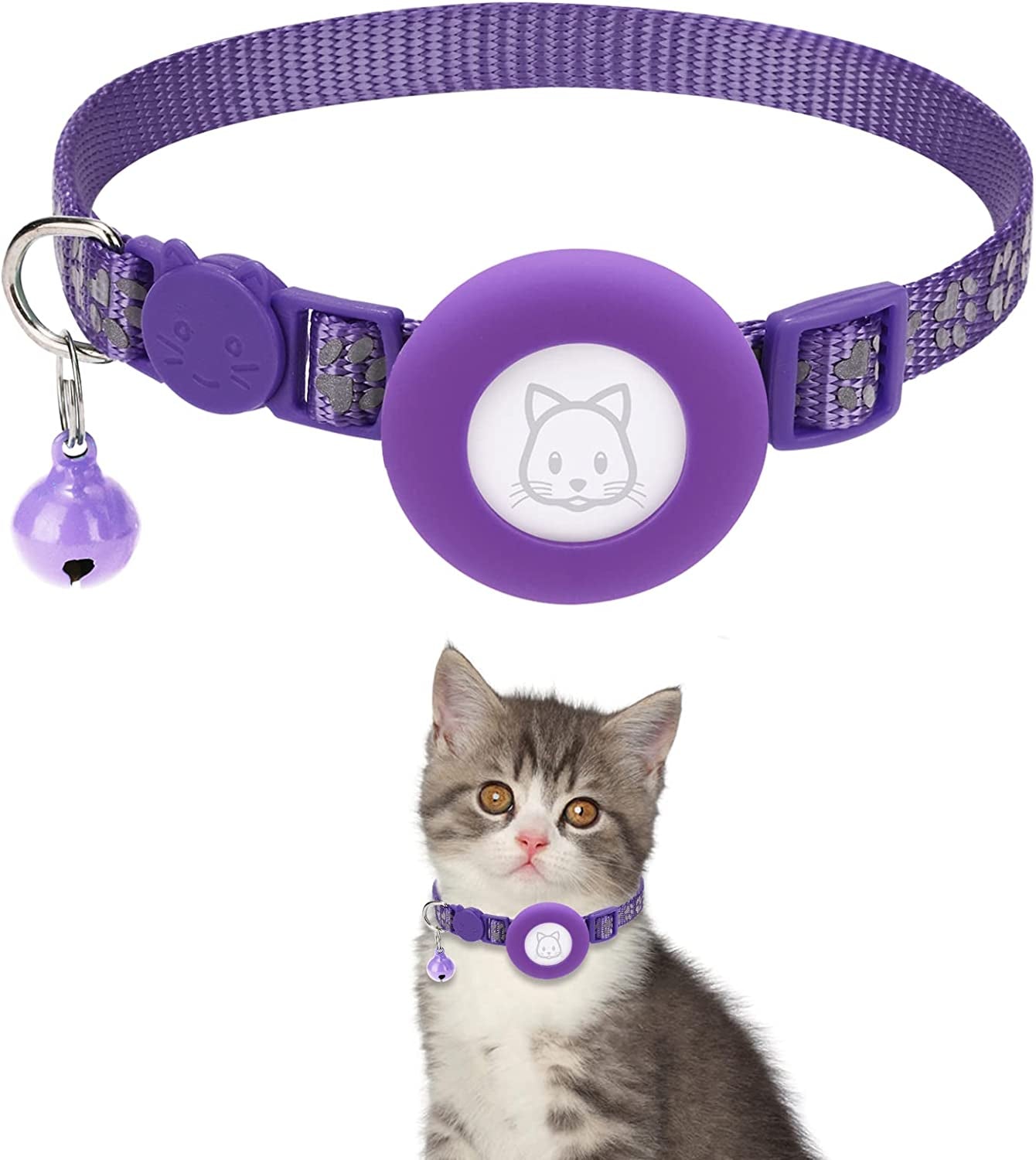 Airtag Cat Collar with Breakaway Bell, Reflective Paw Pattern Strap with Air Tag Case for Cat Kitten and Extra Small Dog (Pink Reflective Paw)  Kuaguozhe US Purple Reflective Paw  