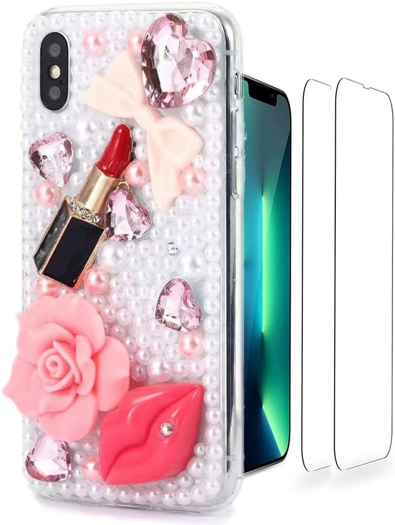 Luziun Glitter Phone Case Compatible with Samsung Galaxy Note 20 Ultra 5G - 3D Luxury Girls Women Shiny Bling Design for Samsung Galaxy Note 20 Ultra 5G  LUZiUN Pink Lipstick Lips Flower - Case Design For Samsung Galaxy Note 20 5G 