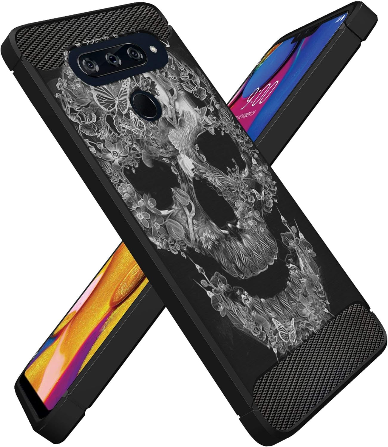 Casesondeck Slim Case Compatible with [LG V40 Thinq] Thin Scratch Preventing TPU, Matte Finish Carbon Fiber Texture Edges (Flower Skull)  CasesonDeck   