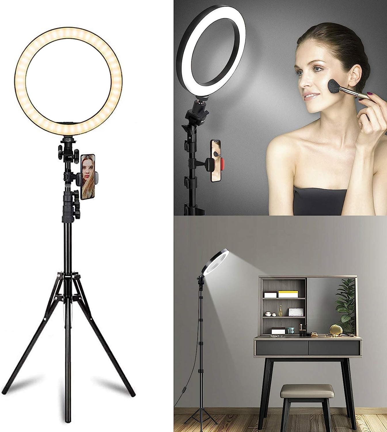 Ring Light with Stand OEBLD Selfie Light Ring with Iphone Tripod and Phone Holder (D(10.2''Ring Light & 63''Tripod))  OEBLD   