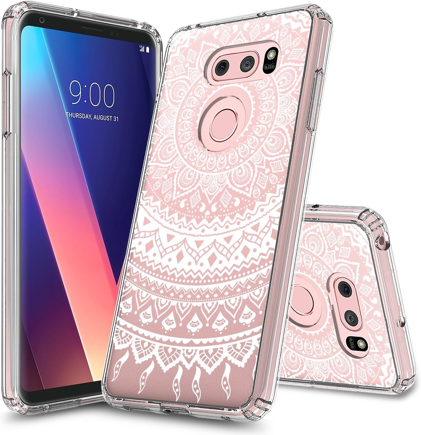Rosebono for LG V30 Case, Slim Shockproof Hard PC+TPU Bumper Protective Armor Defender Cover for LG V30 (Pink Bumper)  Rosebono Mandala Henna  