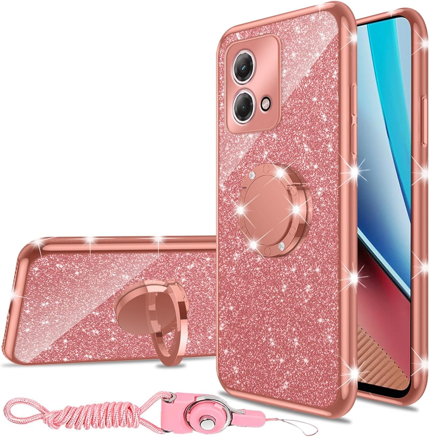 Nancheng Case for Motorola Moto G Stylus 4G 2023 Girls Women Glitter Cute Soft TPU Cover with Ring Kickstand Strap Lanyard Bumper Shockproof Protective Cell Phone Case for G Stylus 2023 4G - Purple  nancheng Rose Gold  