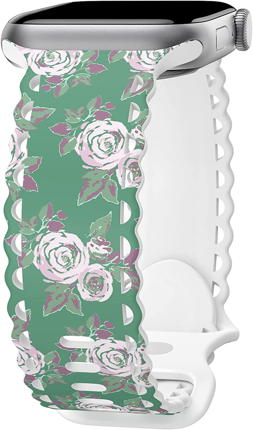Upfurmach Compatible with Apple Watch Band 41Mm 40Mm 38Mm 49Mm 45Mm 44Mm 42Mm Women Girl, Rose Floral Print Lace Hollow-Out Soft Silicone Sport Bands for Iwatch Ultra SE Series 8 7 6 5 4 3 2 1, Rosb-38  UpfurMach B-Youth Green Rose 41mm/40mm/38mm 