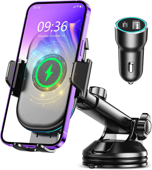 Wireless Car Charger, OBRFFE 15W Qi Car Phone Holder Mount Wireless Charging with QC3.0 Adapter, Fast Charging Phone Mount for Car Compatible with Iphone 14 13 12 11 Pro Max, Samsung Galaxy S23/S22  OBRFFE   