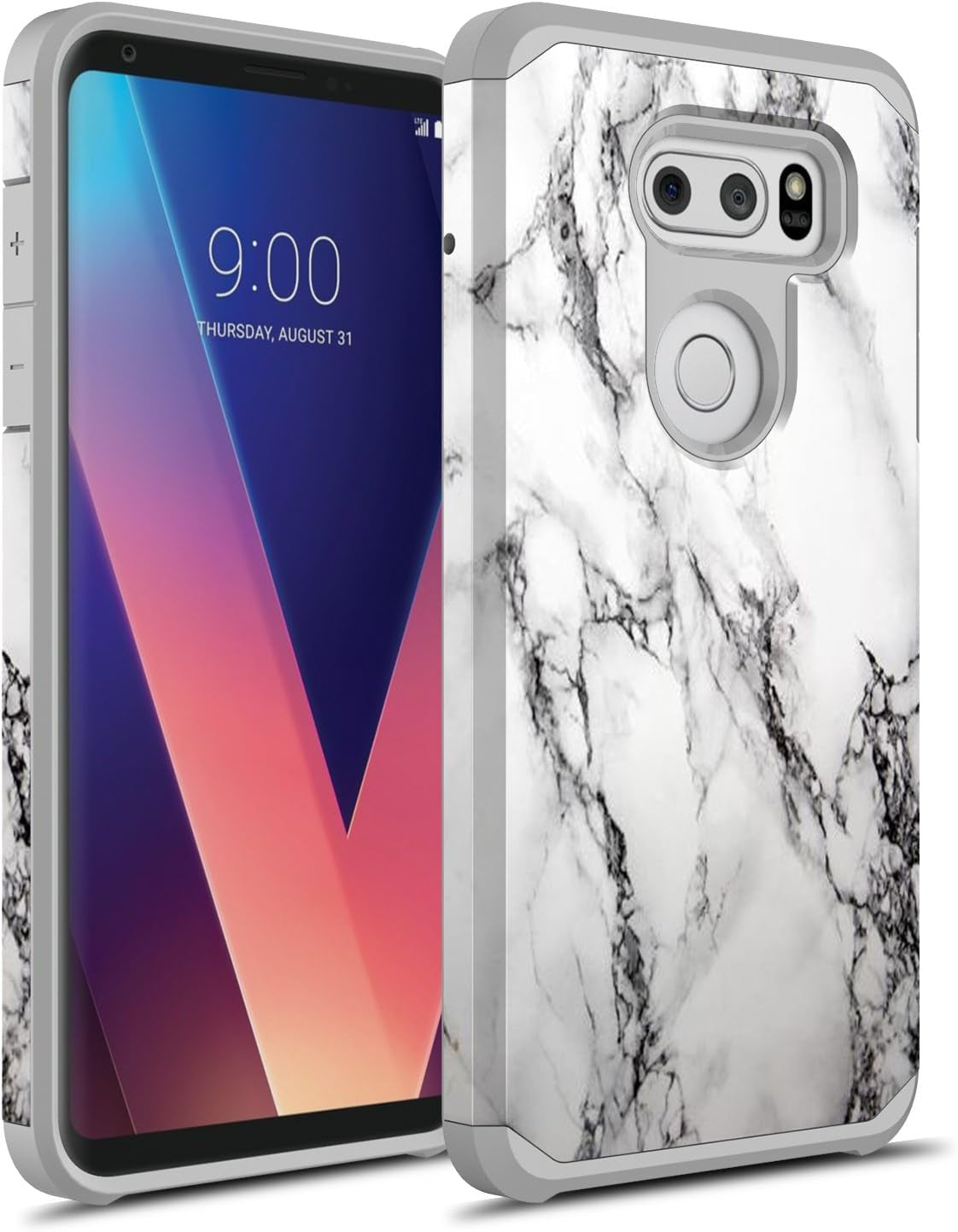 Rosebono for LG V30 Case, LG V30 plus Case, Hybrid Dual Layer Shockproof Hard Cover Graphic Fashion Cute Colorful Silicone Skin for LG V30 / LG V30Plus (Green Mandala)  Rosebono White Marble  