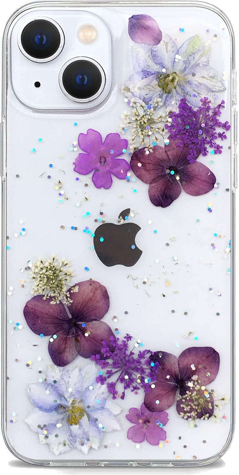 Abbery Designed for Iphone 13 Pressed Flower Case, Cute Clear with Design Bling Glitter Sparkle Soft TPU Transparent Dried Real Flower Floral Aesthetic Case for Women Girls (3 Pink Flower)  Abbery Purple Flower  