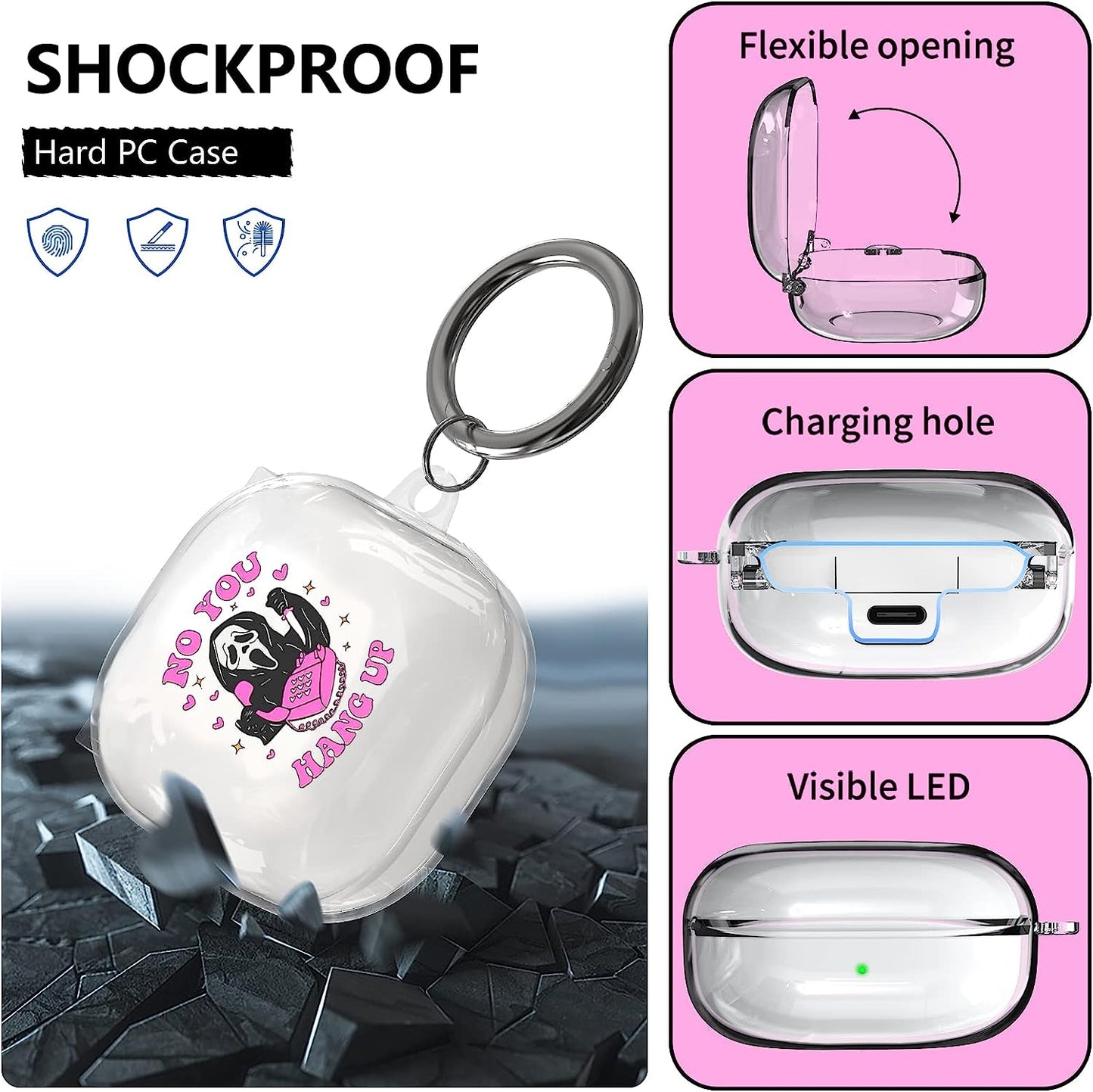 TOLUOHU Scream Ghost Case for Samsung Galaxy Buds2 Pro(2022)/Galaxy Buds Live(2020)/Galaxy Buds Pro(2021)/Galaxy Buds 2(2022) Case, Clear Hard Pc Shockproof Protective Cover with Keychain/Lanyard  TOLUOHU   