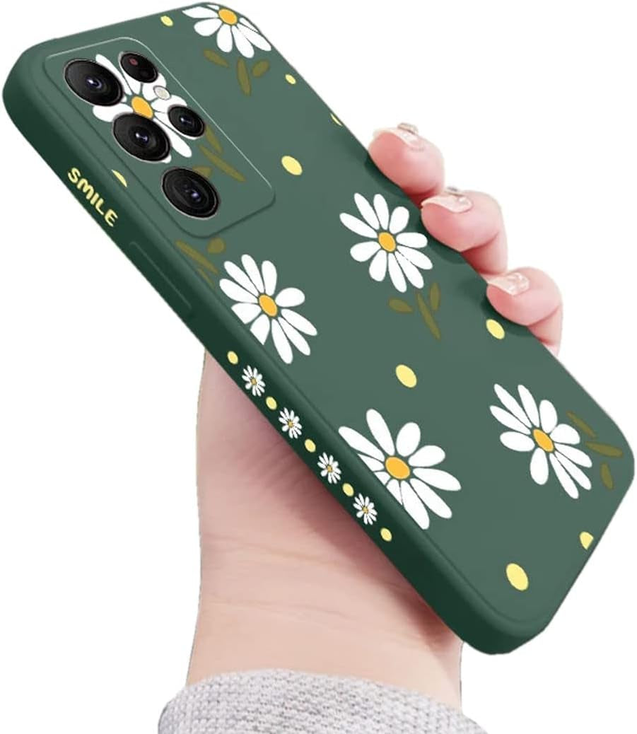 Sunswim Compatible with Galaxy S21 Ultra Case Cute Daisy Pattern Camera Lens Protection Shockproof TPU Bumper Liquid Silicone Protective Cover Phone Cases for Samsung Galaxy S21 Ultra 5G 6.8"-Black  Sunswim Green  