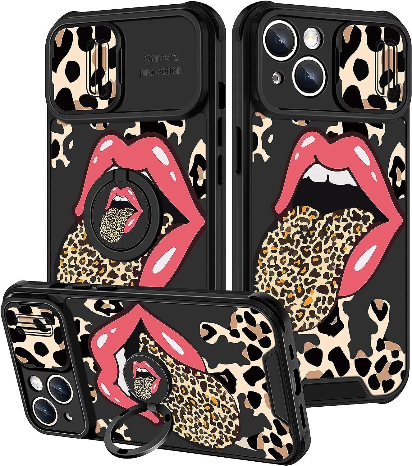 Goocrux (2In1 for Iphone 14 plus Case for Girls Women Kawaii Cartoon Girly Phone Cover Cute Unique Design with Slide Camera Cover+Ring Holder Pink Rainbow Cases for Iphone 14Plus 6.7 Inch  Goocrux Red Lips Leopard  
