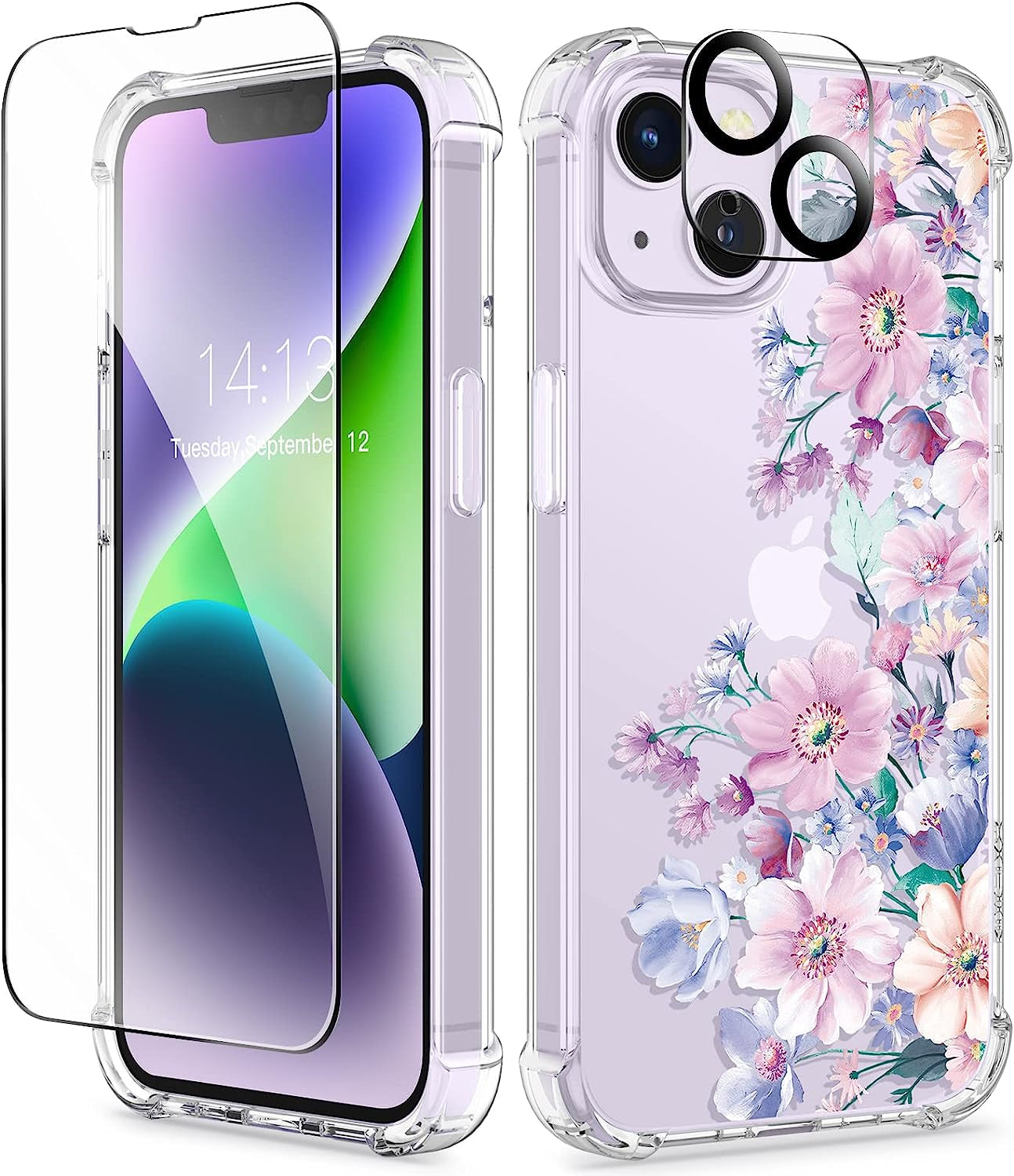 GVIEWIN Case Compatible with Iphone 14 plus 6.7 Inch,With Screen Protector + Camera Lens Protector, Clear Flower Shockproof Soft Protective Floral Women Phone Cover, 2022 (Cherry Blossoms/Purple)  GVIEWIN B-Anemone Blooms/Pink  