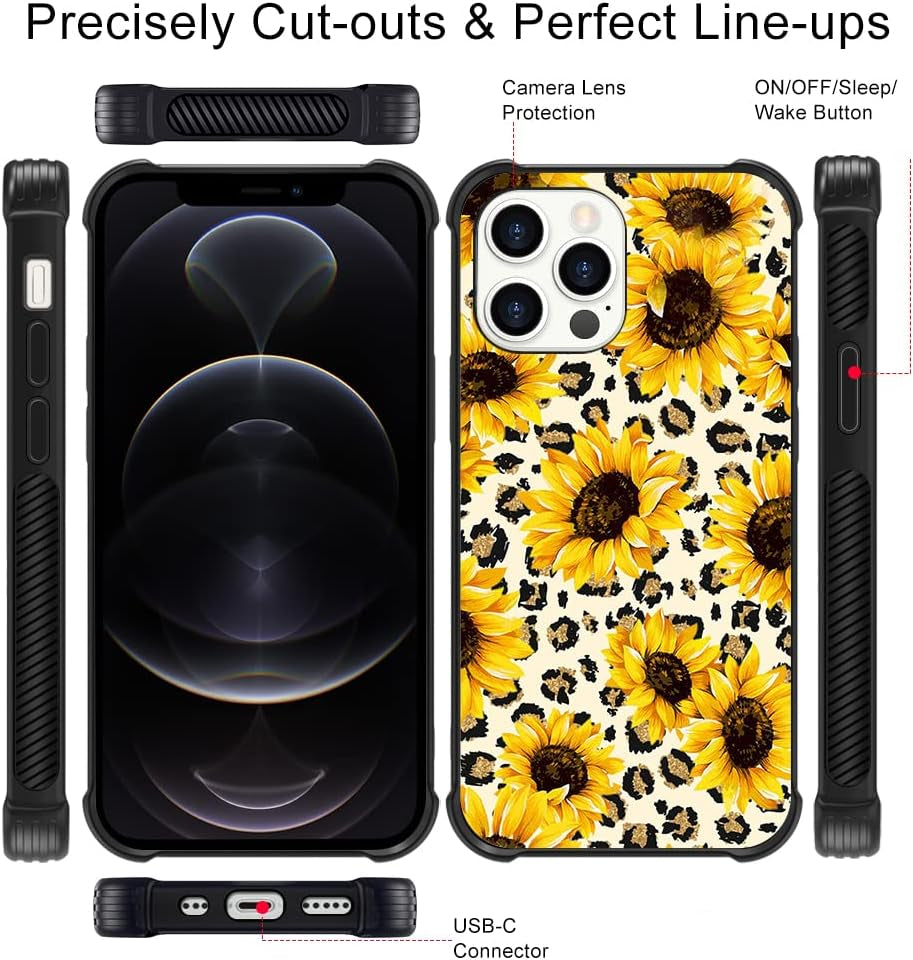 Wlxee Compatible with Iphone 12 Pro Max Case for Women Girls Leopard Sunflower Print Soft TPU Hard Back Shockproof Non-Slip Anti-Scratch Protective Durable Slim Cover Case for Iphone 12 Pro Max  Wlxee   