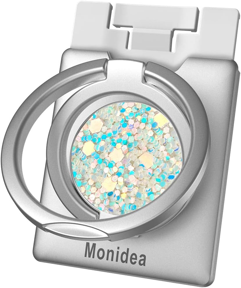 Monidea Phone Ring Holder, Phone Grip Finger Kickstand Wireless Charging Friendly, 360°Rotation Metal Phone Ring Grip Stand Work with Magnetic Car Mount for Iphone Samsung Ipad Tablets & More - Black  MonIdea White - Sparkle Snow  