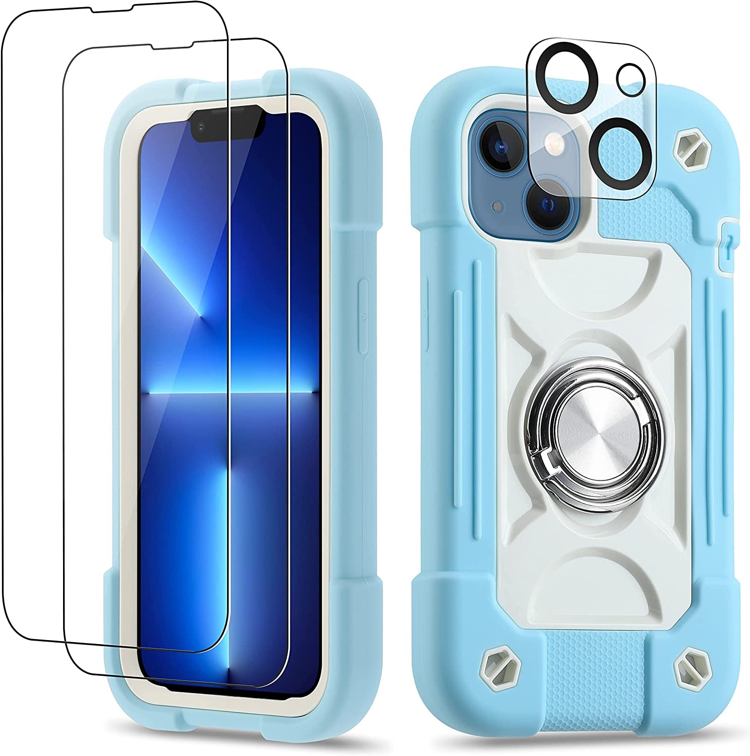 Cookiver for Iphone 14 Case/Iphone 13 Case 6.1 Inch with Ring Stand, with 2 Pack Glass Screen Protector + 1 Pack Camera Lens Protector,Heavy-Duty Shockproof Military Grade Rugged Cover (Felicia Blue)  Cookiver Ice Blue  