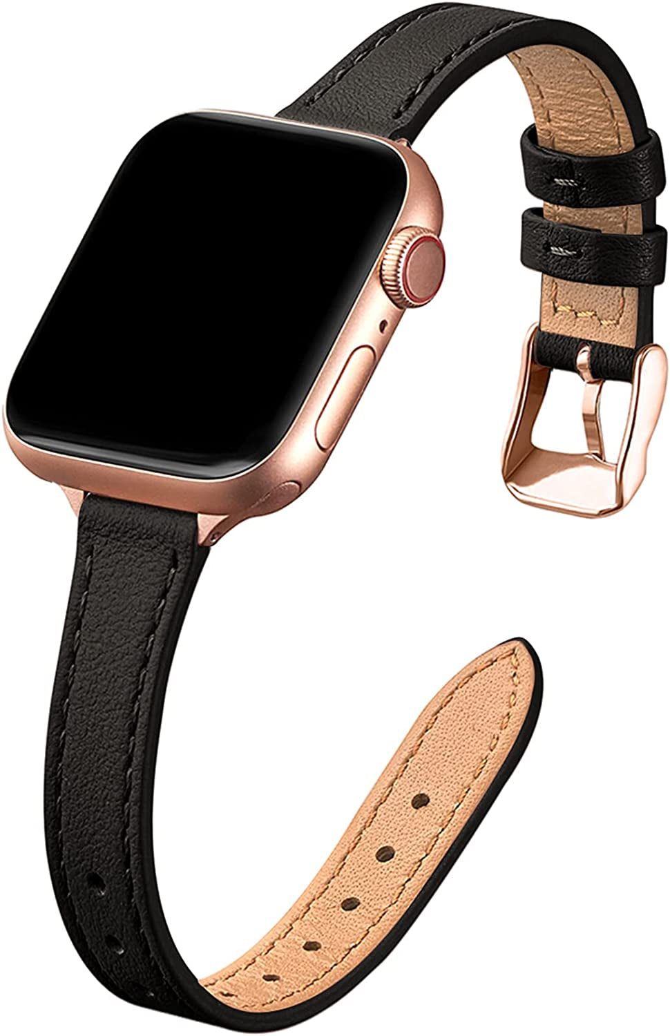 STIROLL Slim Leather Bands Compatible with Apple Watch Band 38Mm 40Mm 41Mm 42Mm 44Mm 45Mm 49Mm, Top Grain Leather Watch Thin Wristband for Iwatch Ultra SE Series 8/7/6/5/4/3/2/1  STIROLL Black with Rose Gold 42mm/44mm/45mm/49mm 