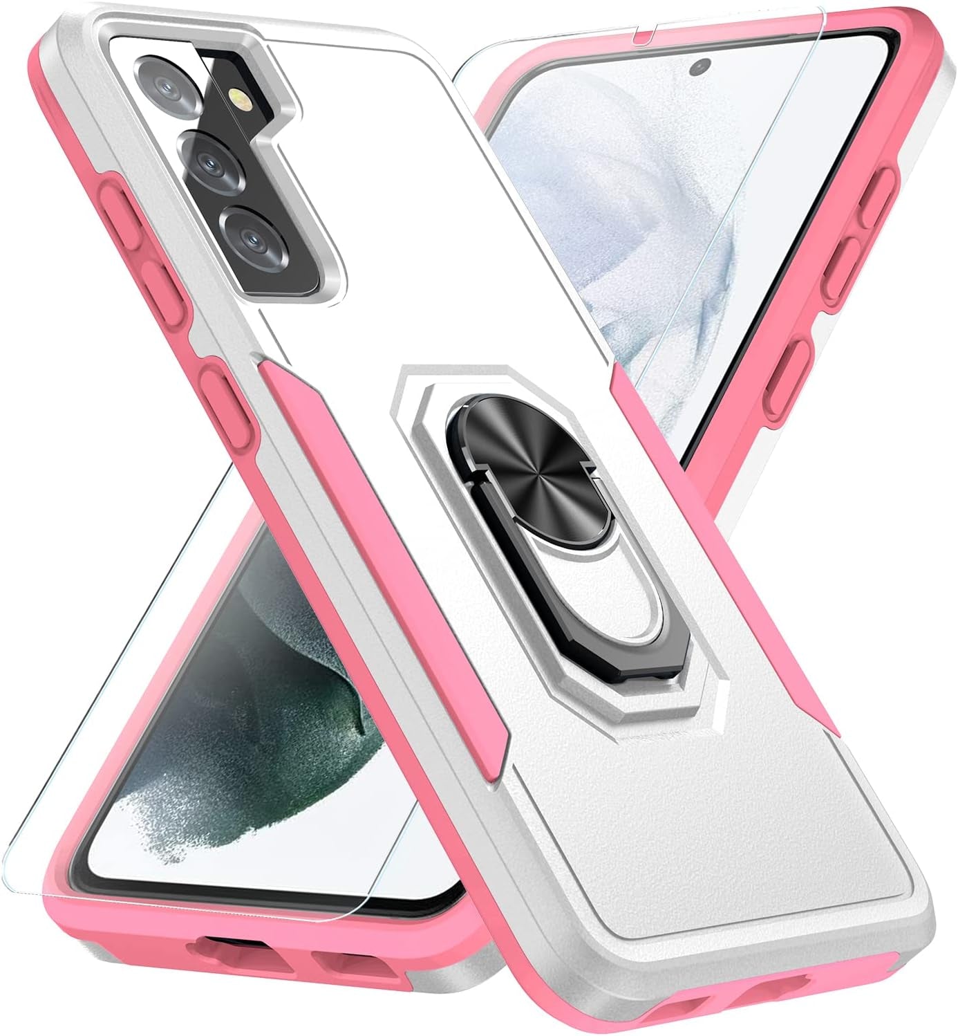 KSELF Galaxy S21 5G Case with Tempered Glass, Shockproof Military-Grade Phone Cover & Ring Kickstand, 6.2" (Pink)  KSELF White  