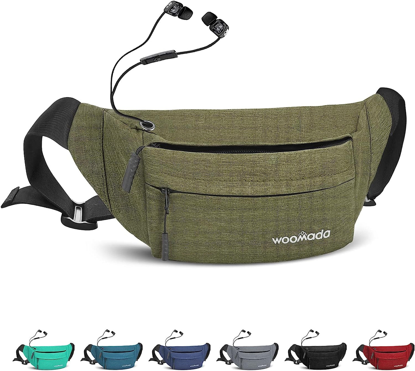 WOOMADA Crossbody Belt Bag, Fanny Pack for Women, Waist Pack with Adjustable Strap & Headphone Jack, Pocket Waist Bag for Running Workout Sports Travelling Cycling Hiking Jogging, Easy Carry Any Phone  WOOMADA army green  