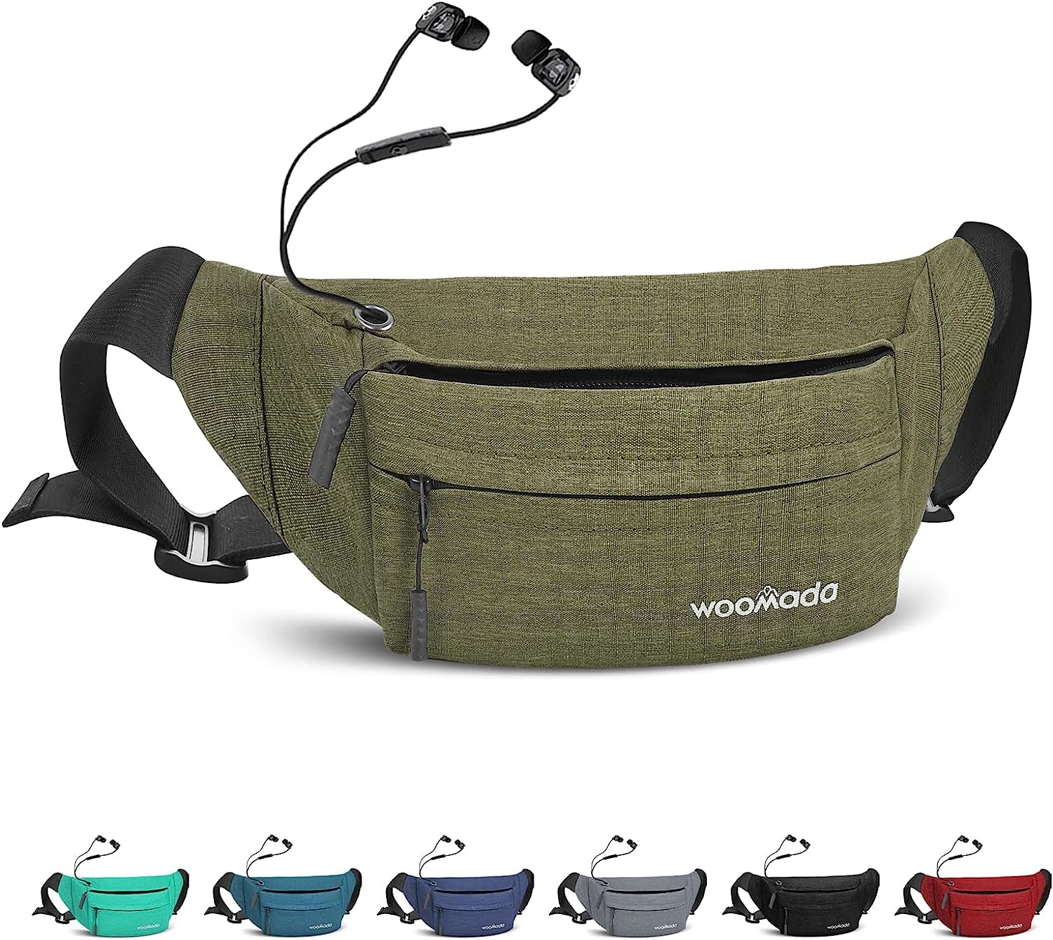 WOOMADA Crossbody Belt Bag, Fanny Pack for Women, Waist Pack with Adjustable Strap & Headphone Jack, Pocket Waist Bag for Running Workout Sports Travelling Cycling Hiking Jogging, Easy Carry Any Phone  WOOMADA army green  
