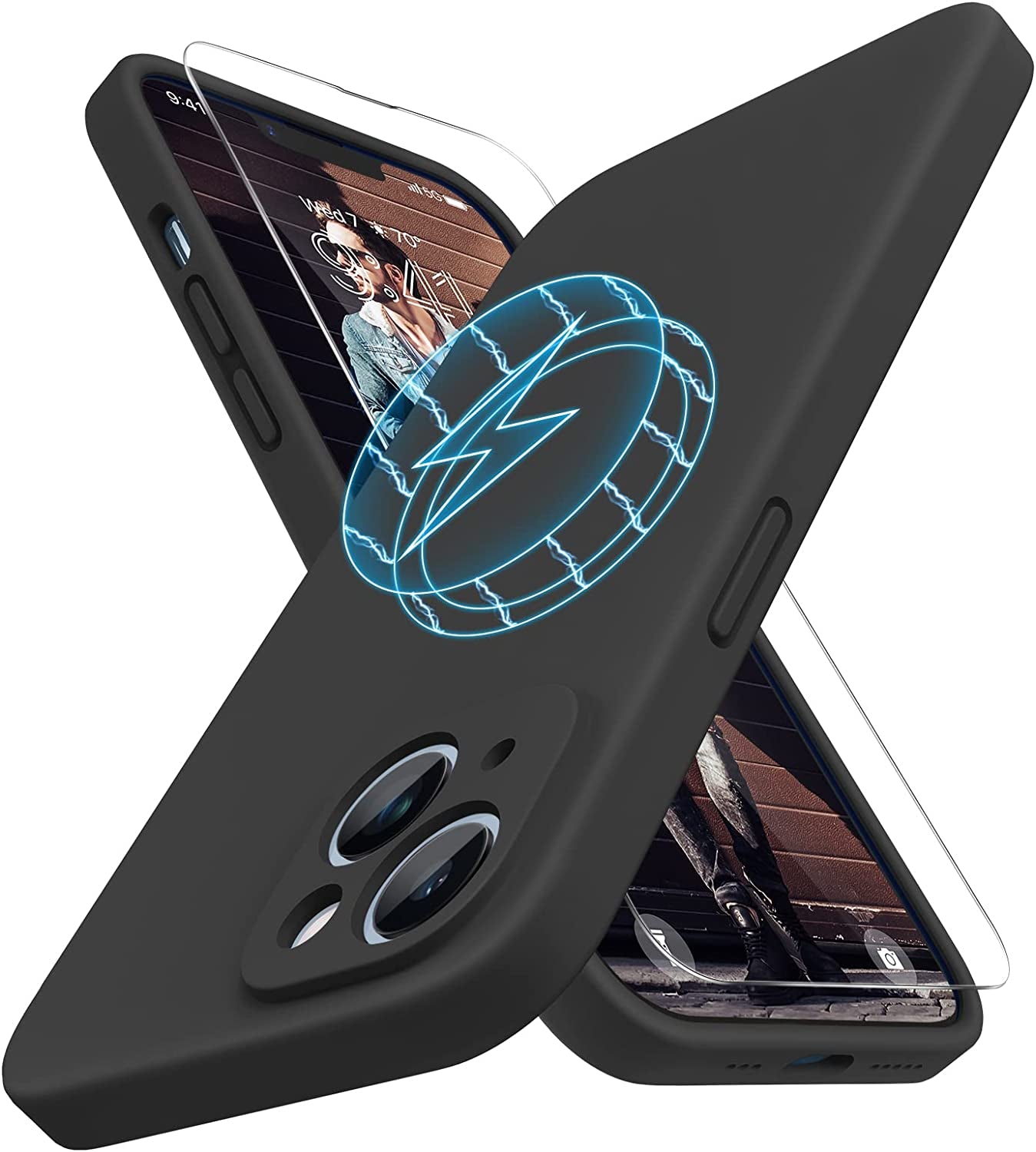 Miracase Designed for Iphone 14 Case with Screen Protector,[Upgraded Enhanced Camera Protection],Shockproof Liquid Silicone Case with Microfiber Lining, 6.1 Inch,Black  Miracase Black-Magnetic  