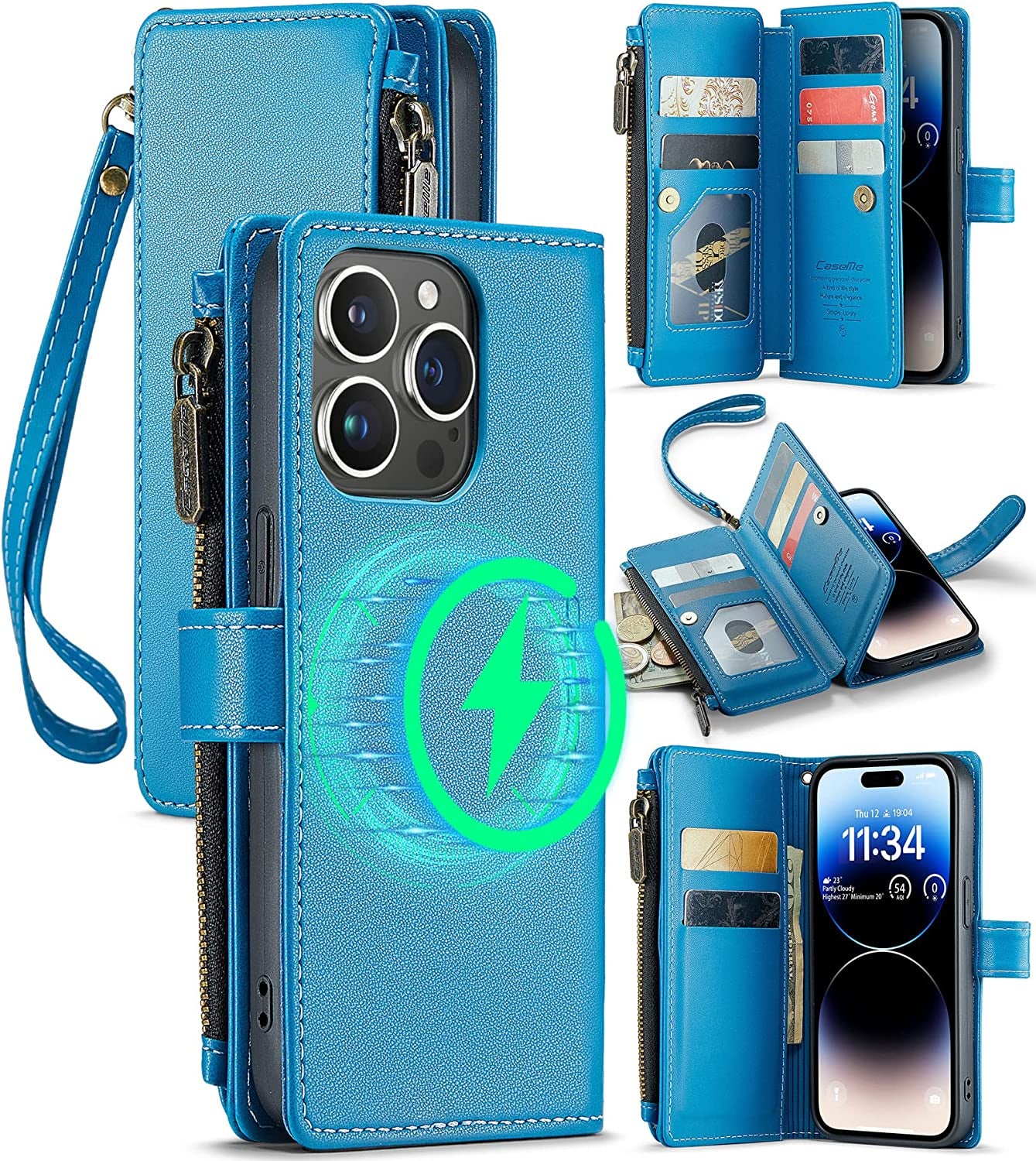 FLIPALM Wallet Case for Iphone 14 Pro(6.1") Flip Case,Compatible with Magsafe Charger,Pu Leather Zipper Protective Lanyard Strap Wristlet Case with Magnetic Closure and Card Holder Luxury Coffee  FLIPALM Blue iPhone 14 Pro 