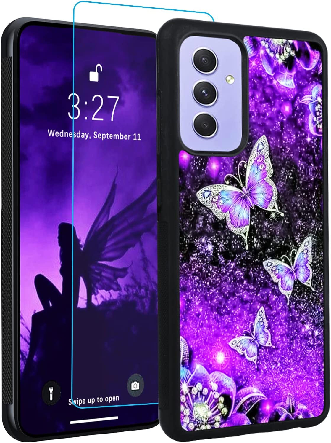 OOK Designs for Samsung Galaxy A53 Case Glitter Purple Butterfly Nebula Space Design Hard Pc+Soft TPU Bumper Anti-Slip Ultra Thin Cover Protective Shockproof Case for Galaxy A53  OOK A54 Case  