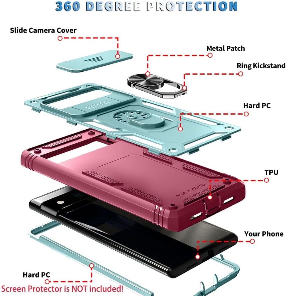 Google Pixel 6 Pro Case with Slide Camera Cover&Card Slot& Ring Kickstand Shockproof Military Grade Heavy Duty Protective Case Support Car Magnetic Holder for Google Pixel 6 Pro(2021)-Green/Pink  MOKYYDS   