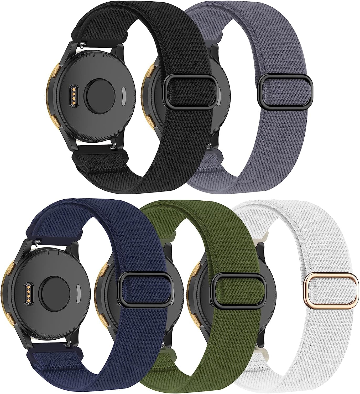 Oanux Stretchy Bands Compatible with Garmin Forerunner 245/245 Music/Venu/Vivoactive 3/Venu Sq/Vivoactive 3 Music/Vivomove Hr/Forerunner 645/645 Music/Venu 2 Plus(5 Pack)  Oanux Black/blue gray/white/midnight blue/army green  