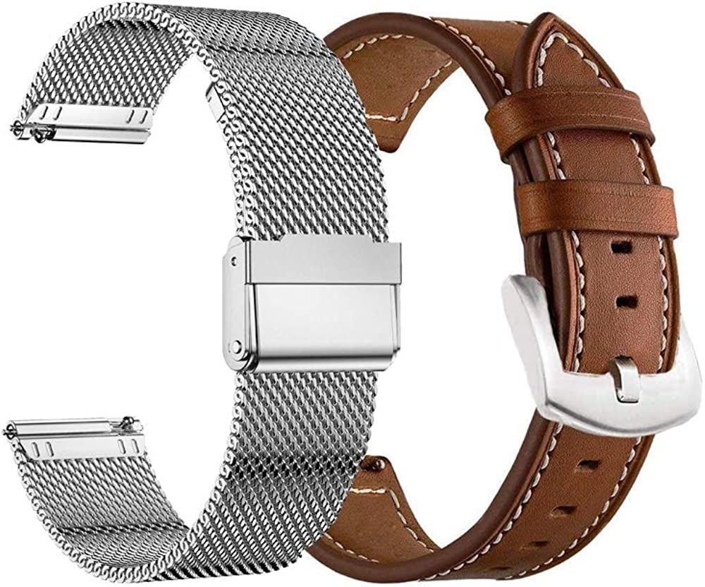 YEEJOK Fossil Women'S Gen 6/5E 42Mm Bands Replacement, 18Mm Milanese Mesh Woven+Leather Bands Compatible for Garmin Vivoactive 4S/Venu 2S, Fossil Gen 4 Q Venture HR  Yeejok Silver & Brown  