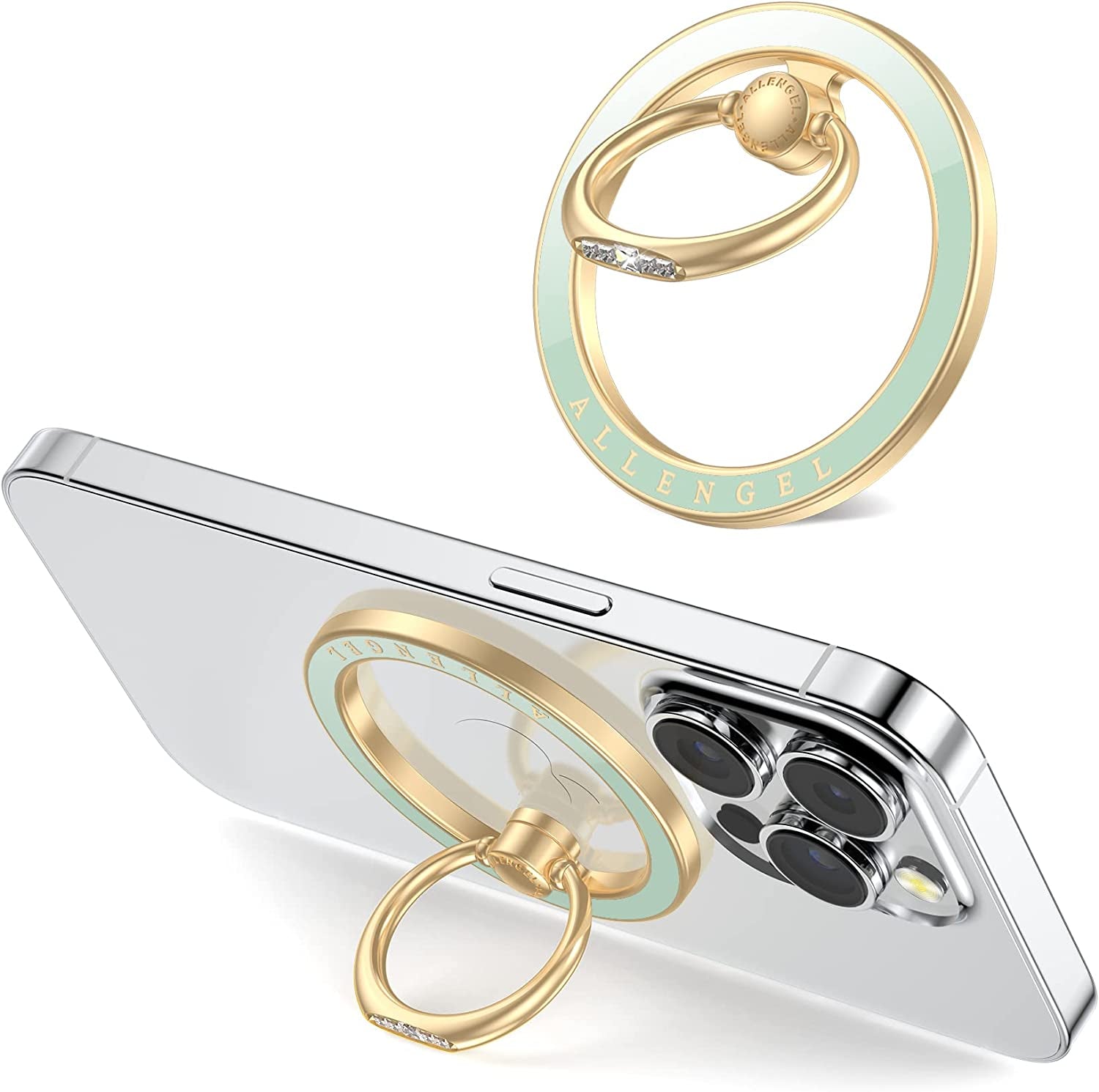 Compatible with Magsafe Phone Grip Stand, Allengel Magnetic Phone Ring Holder with Finger Kickstand for Smartphone, Luxury Gold White  Allengel Gold light green  