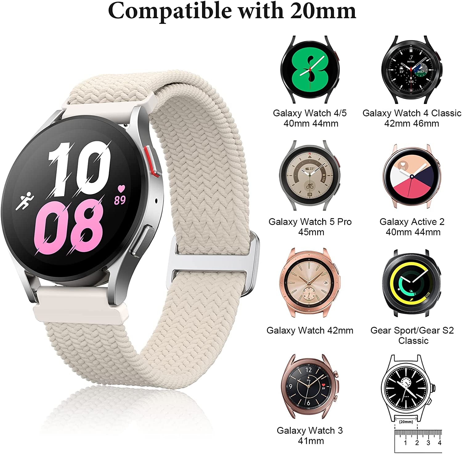 20Mm Braided Bands Compatible with Samsung Galaxy Watch 5&4 Band/Active 2 40Mm 44Mm/Galaxy Watch 5 Pro 45Mm/Galaxy Watch 4 Classic 42Mm 46Mm/Watch 3 41Mm, 5 Pack Elastic Stylish Quick Release Bands  ABOVEACC   
