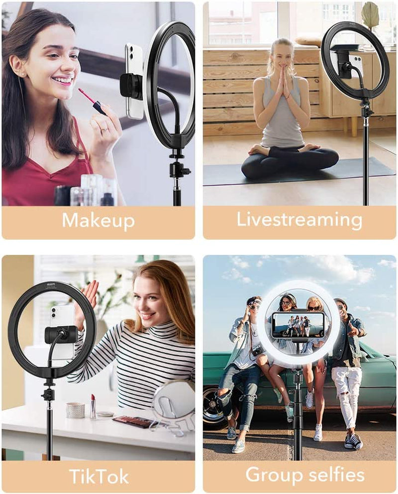 ESR Selfie Ring Light with Tripod Stand and Phone Holder, Dimmable Beauty 10-Inch Ring Light for Vlogs, Selfies, Makeup, Livestreaming, Videos, and Photography, Compatible with Iphone and Android  Electronic Silk Road Corp   