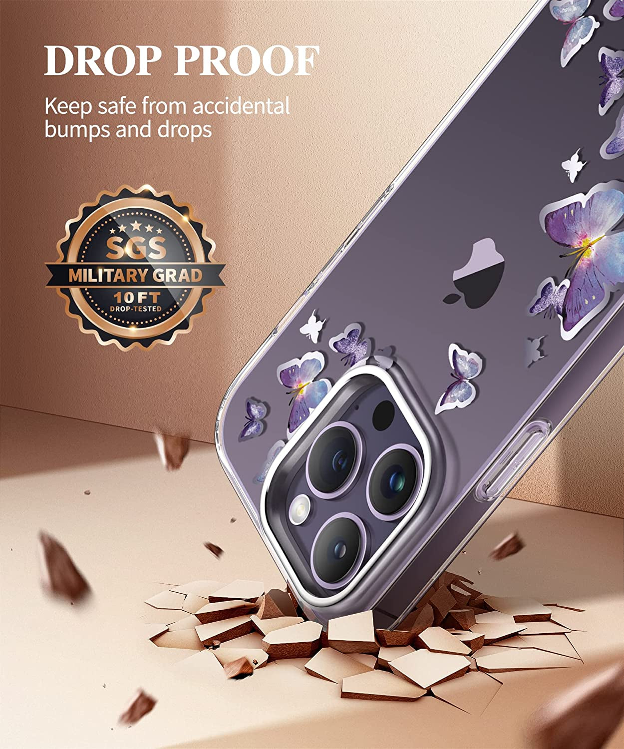 GVIEWIN Case Compatible with Iphone 14 Pro 6.1 Inch, [10FT Military-Grade Drop Tested] Clear Butterfly Stylish Case Shockproof Protective Hard Pc+Soft TPU Phone Cover Women (Alluring Butterfly/Purple)  GVIEWIN   