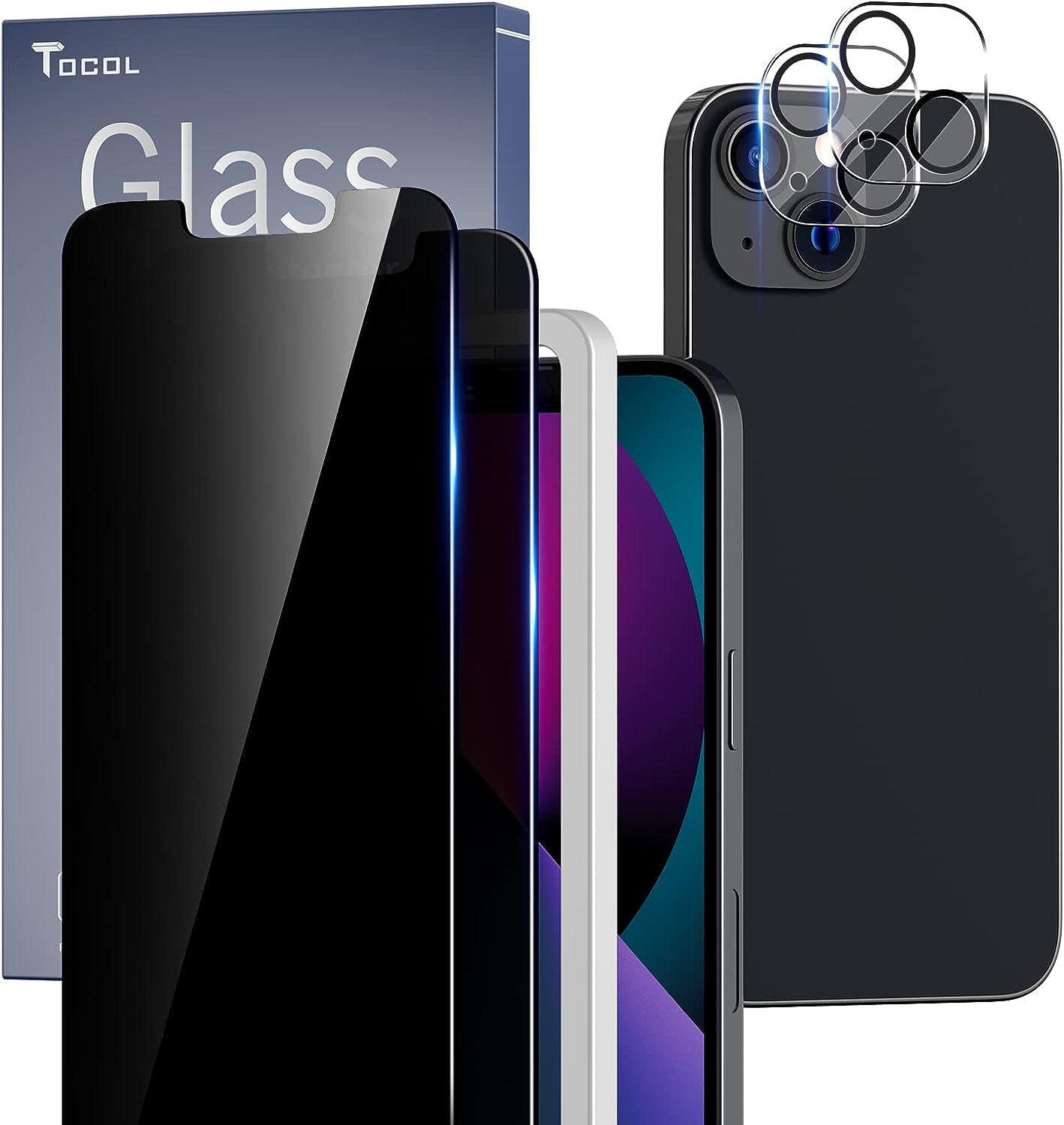 TOCOL [2+2 Pack Compatible for Iphone 13 Mini 5.4'' - 2 Pack Privacy Tempered Glass Screen Protector & 2 Pack Camera Lens Protector, Bubble Free, Case Friendly, Installation Frame, [Anti-Spy]  TOCOL   