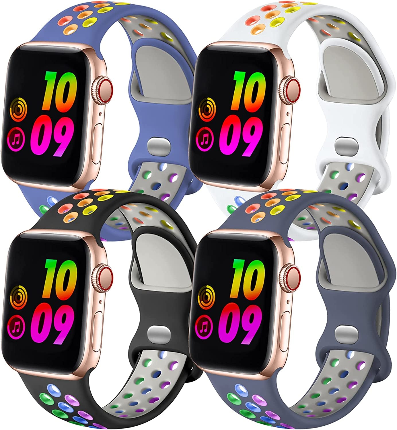Adorve 4 Pack Sport Bands for Apple Watch 49Mm 41Mm 40Mm 38Mm 45Mm 44Mm 42Mm for Women Men, Durable Breathable Soft Silicone Replacement Wrist Strap for Iwatch Ultra SE Series 8 7 6 5 4 3 2 1, S/M M/L  Adorve BlackRainbow/WhiteRainbow/BlueGrayRainbow/BlueRainbow 38mm/40mm/41mm M/L 