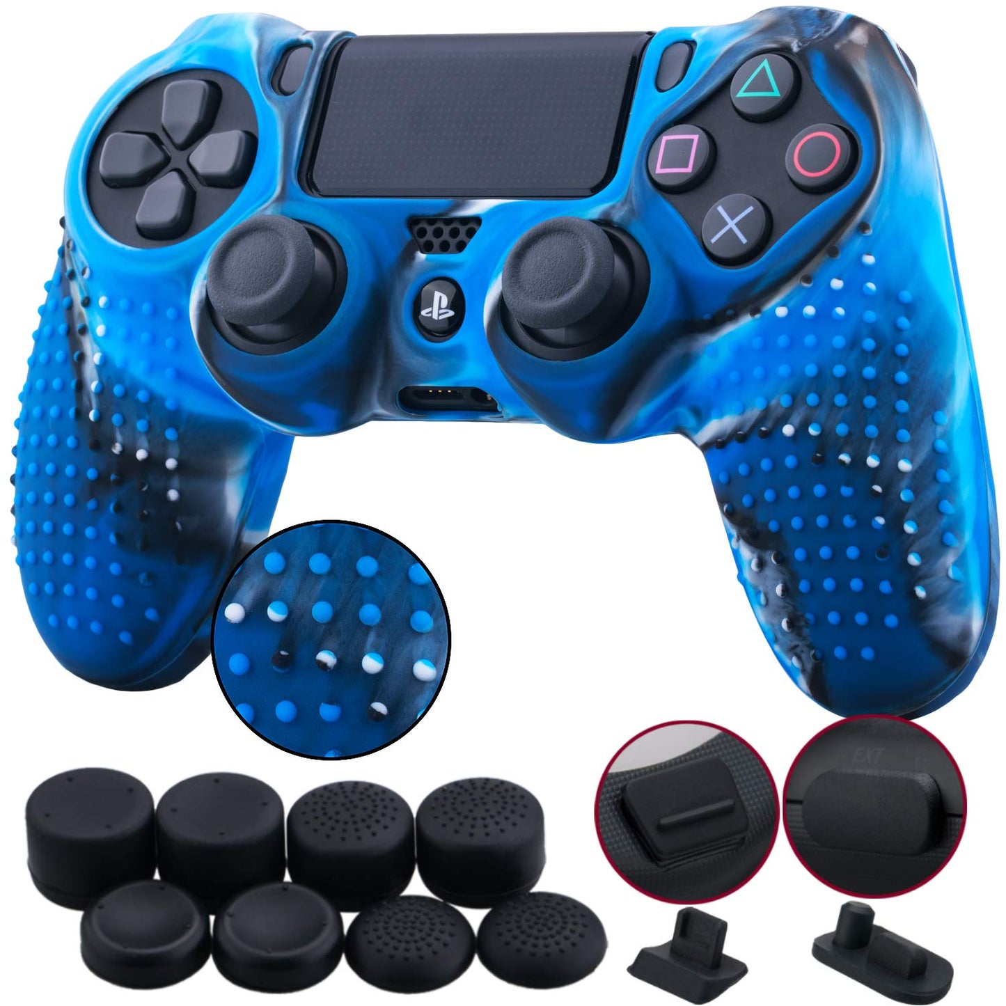 9Cdeer 1 Piece of Silicone Studded Water Transfer Protective Sleeve Case Cover Skin + 8 Thumb Grips Analog Caps + 2 Dust Proof Plugs for Ps4/Slim/Pro Dualshock 4 Controller, Skull Red  9CDeer Camouflage blue studded 