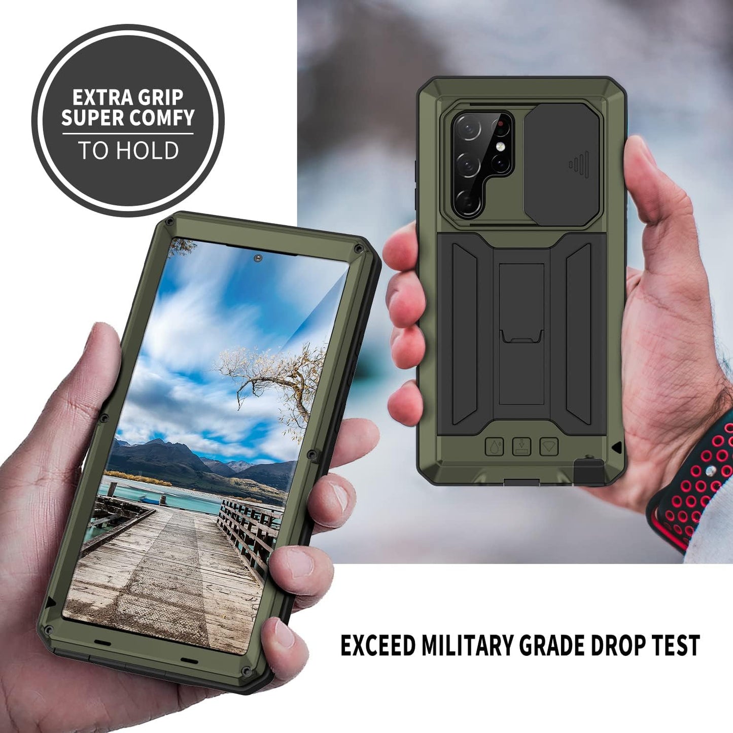 For Samsung Galaxy S22 Ultra 5G Case, Aluminum Metal Gorilla Glass Shockproof Military Heavy Duty Sturdy Protector Cover Hard Case,With Sliding Camera Cover and Built-In Foldable Kickstand(Green-Ⅱ)  MIYIYQP   