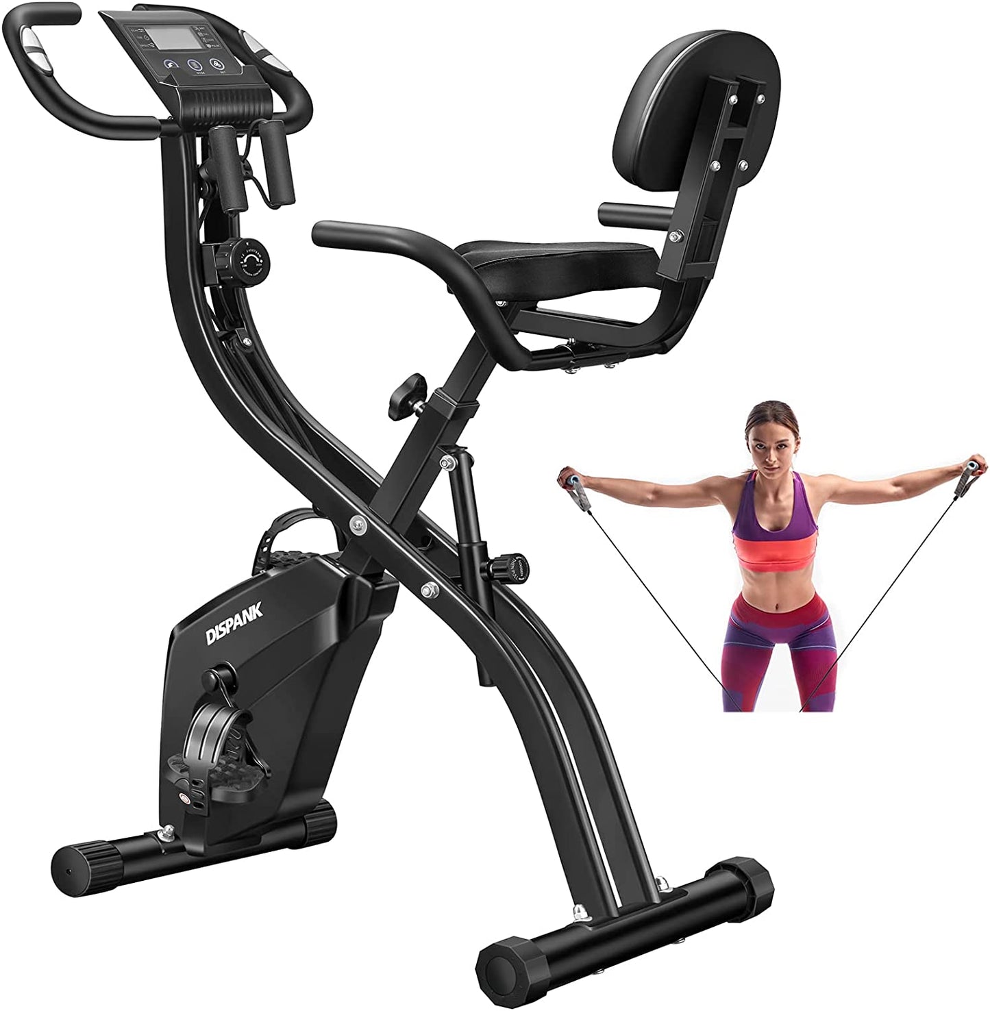 Folding Exercise Bikes DISPANK 3-In-1 X-Bike Indoor Portable Exercise Bikes, Sturdy Foldable Stationary Bike with Automatic Springback Arm Resistance Band and Backrest, 10-Level Resistance for Men, Women and Seniors  DISPANK   