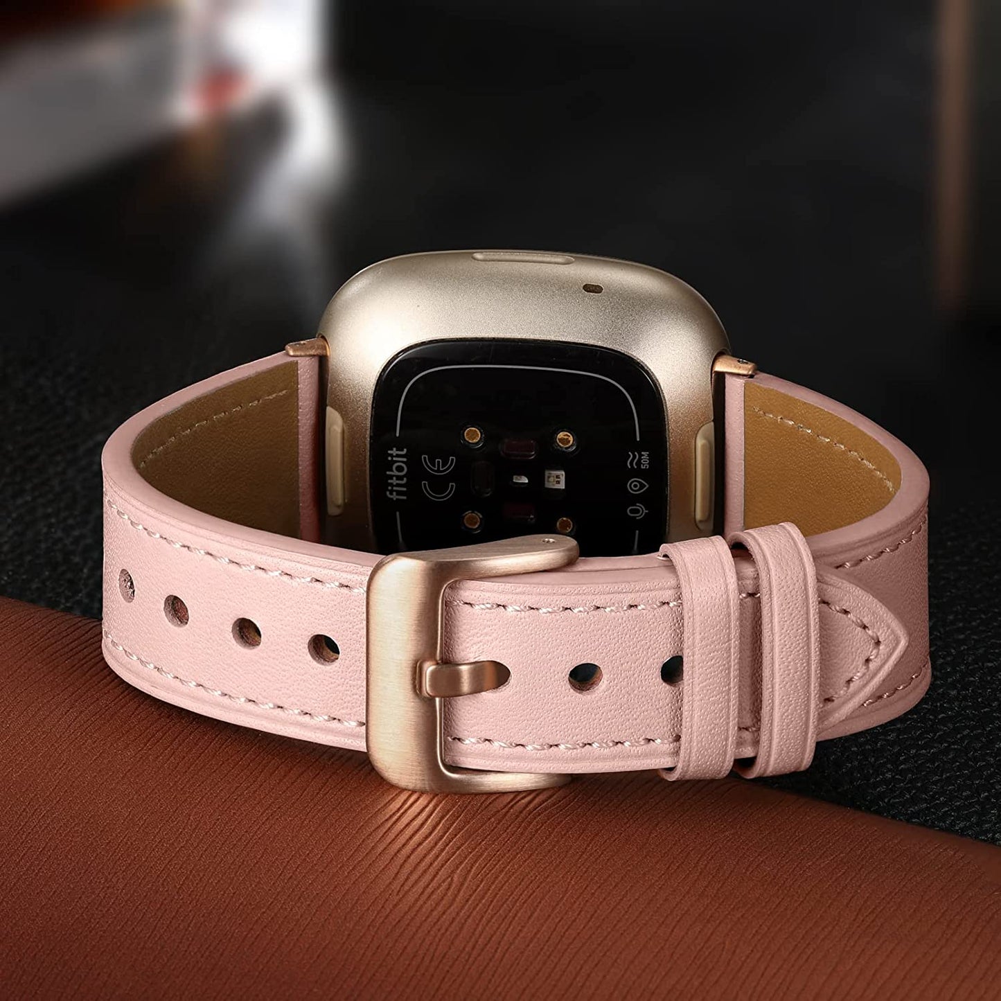 Maledan Compatible with Fitbit Sense/Fitbit Versa 3 Bands for Women Men, Soft Genuine Leather Band Slim Strap Replacement Accessory Wristband for Fitbit Versa 3/Versa 4/Sense 2/Sense Smartwatch, Pink  Maledan   