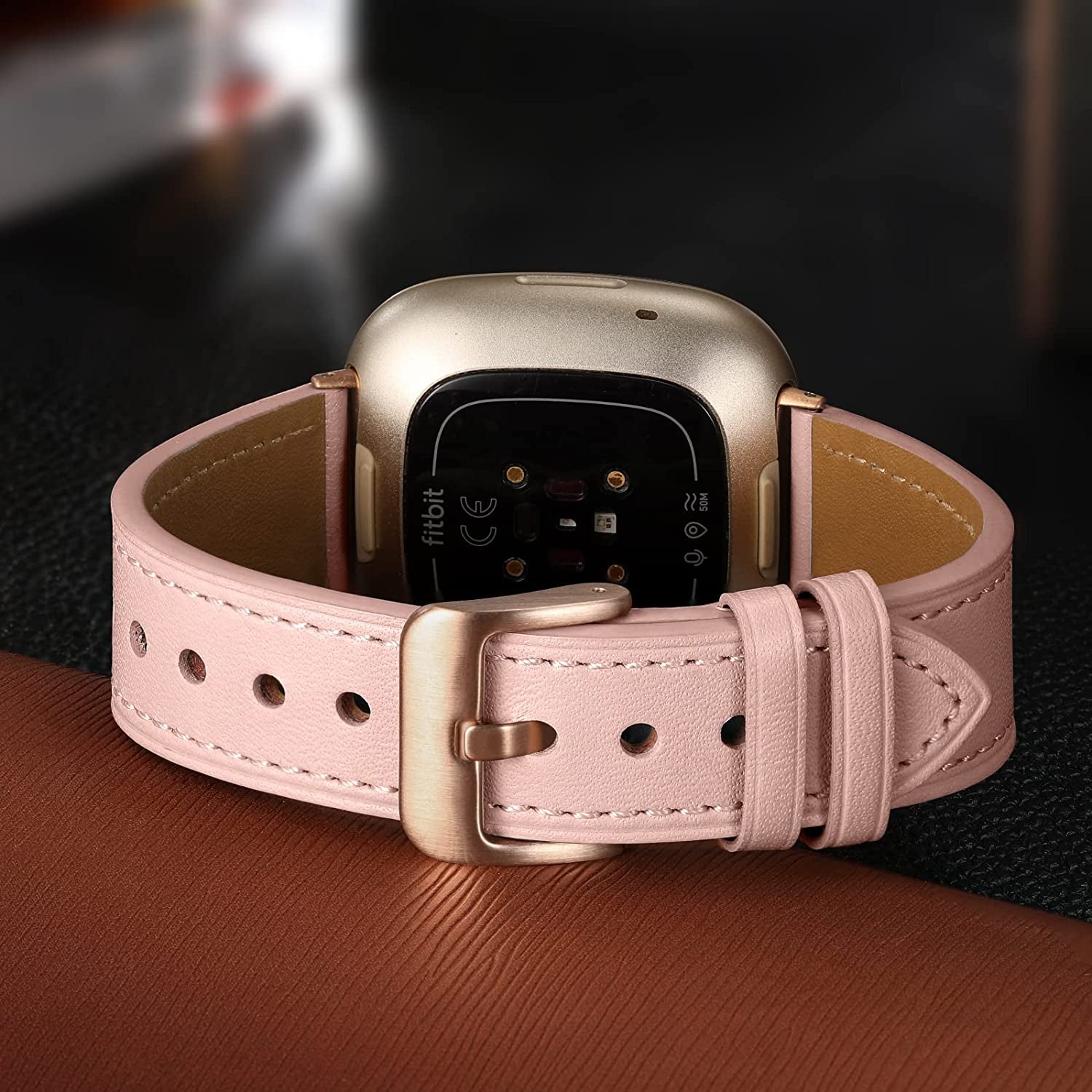 Maledan Compatible with Fitbit Sense/Fitbit Versa 3 Bands for Women Men, Soft Genuine Leather Band Slim Strap Replacement Accessory Wristband for Fitbit Versa 3/Versa 4/Sense 2/Sense Smartwatch, Pink  Maledan   