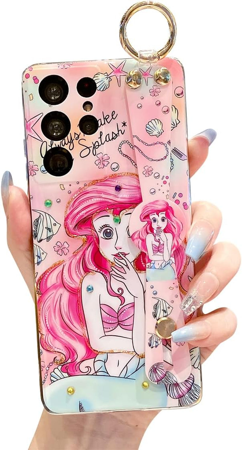 Meishangmei for Samsung Galaxy S21 Ultra Case 6.8" Sparkle Bling with Strap Stand Cute Pattern IMD Design Silicone Shockproof Protective Glitter Cases Cover for Girls and Women - Pink Dumbo  Meishangmei Mermaid  