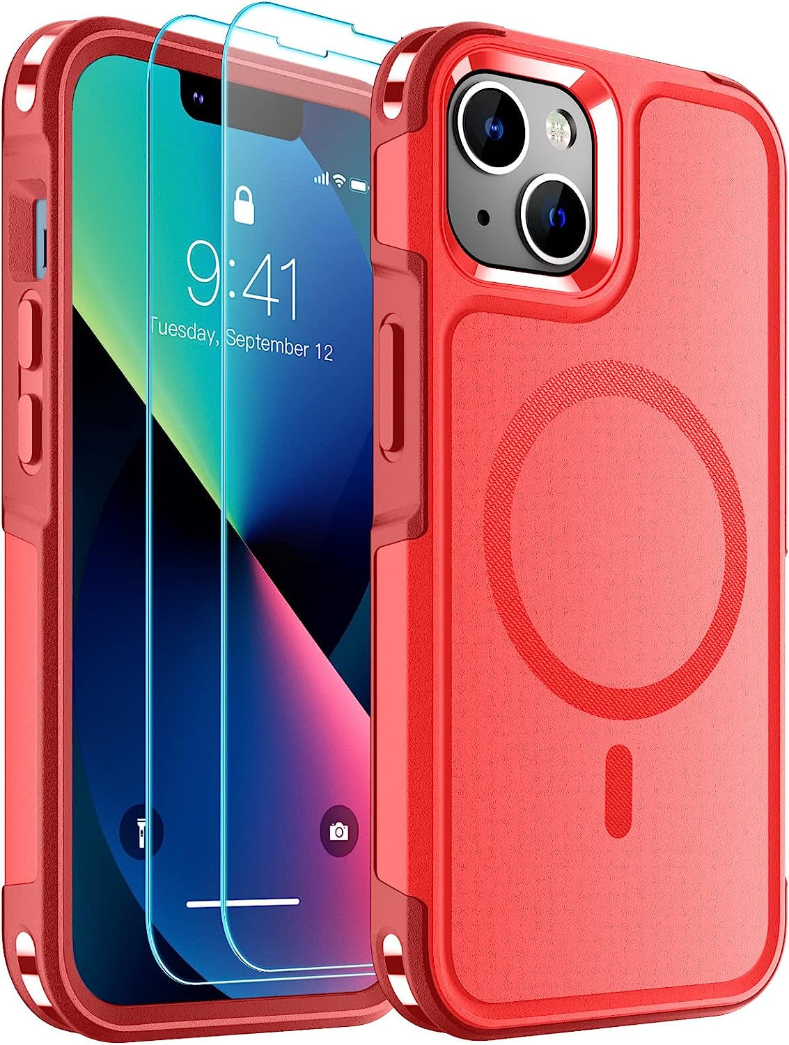 SUPFINE Magnetic for Iphone 13 Case Clear [Compatible with Magsafe][Never Yellow][2+Tempered Glass Screen Protector] Non-Slip Shockproof Phone Case,Flexible Bumper Designed for Thin Cover,Clear  SUPFINE Magnetic Red Iphone 13 