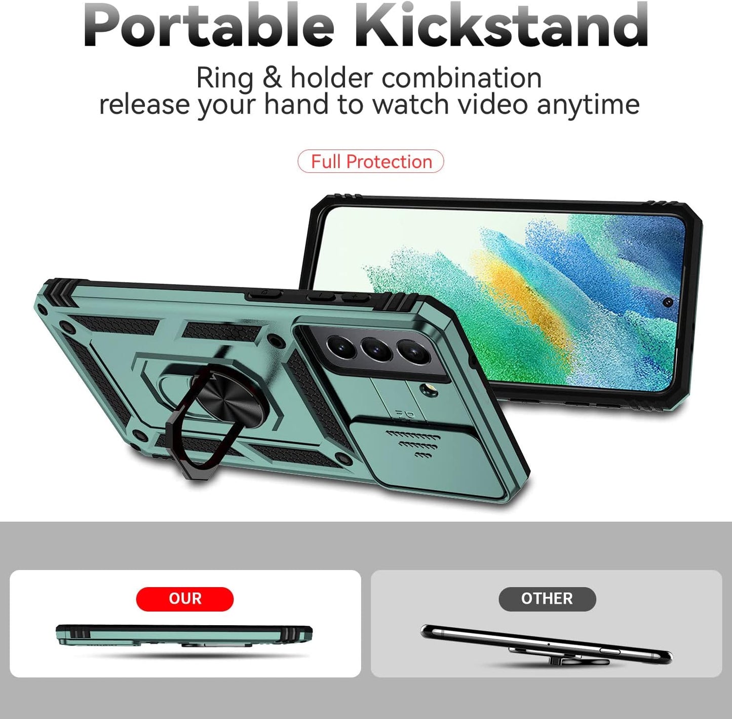 For Samsung Galaxy S21 FE 5G Case with Camera Lens Cover HD Screen Protector, Military-Grade Drop Tested Magnetic Ring Holder Kickstand Protective Phone Case for Samsung Galaxy S21 FE 5G (Dark Green)  JINZHI Inc   